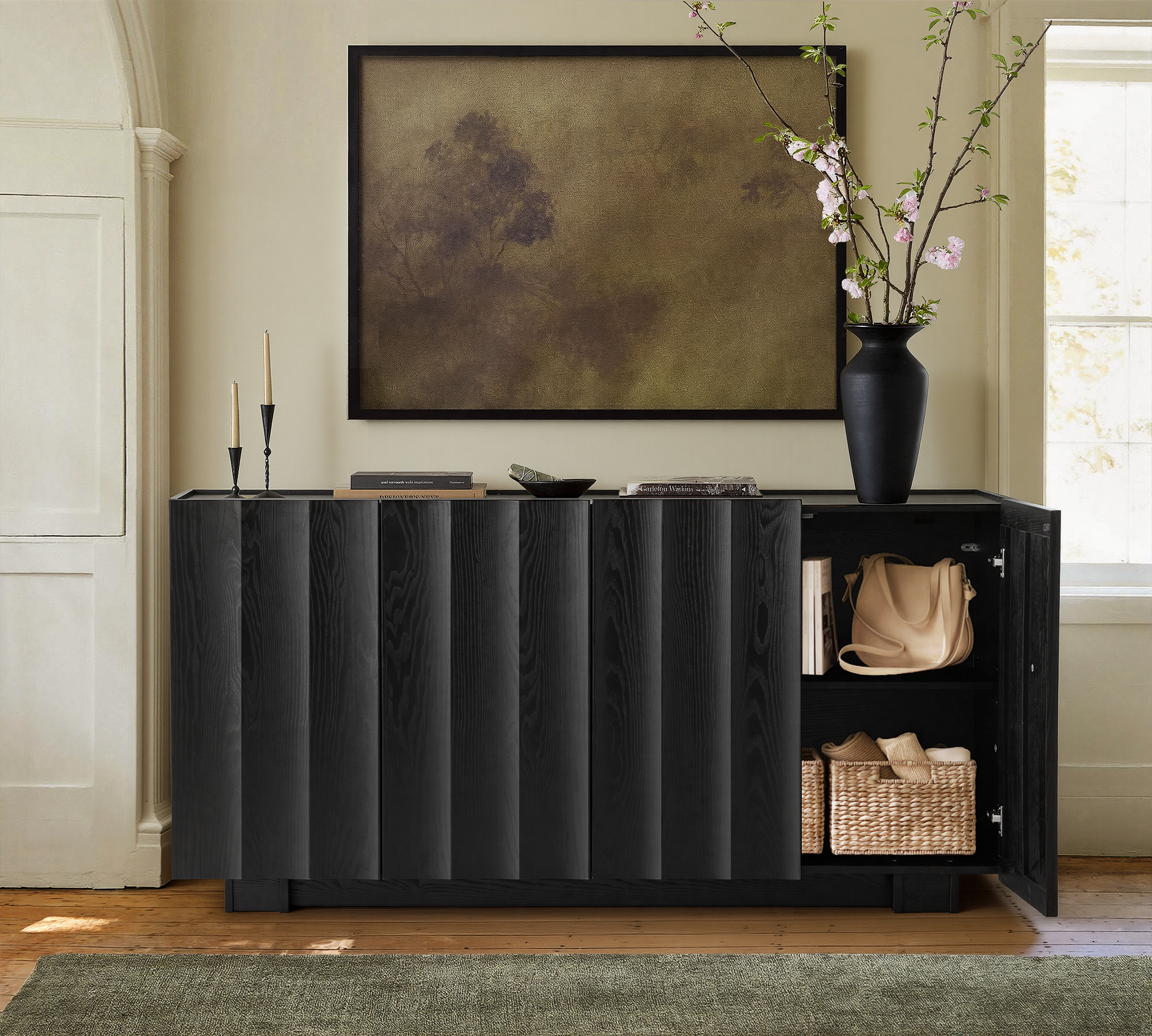 win2win Buffet Cabinet with Storage, Mid Century Modern Sideboard with Wave Design, Wood Grain Finish, Credenza with Adjustable Shelves, Modular Cabinets for Living Dining Room Hallway, Black
