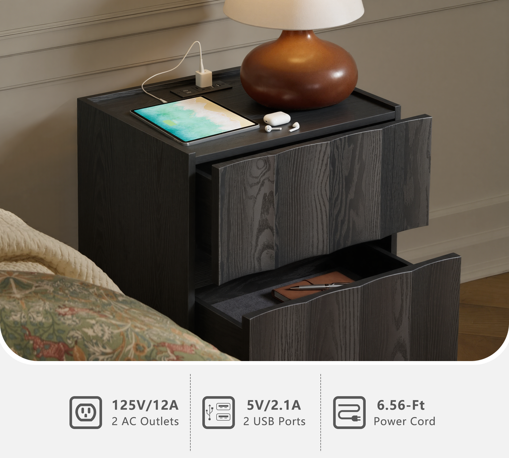 win2win Fluted Nightstand with Charging Station, Mid Century Modern Nightstand with Wave Design, Modern Bedside Table with Drawer Storage, Minimalist End Table for Bedroom Living Room, Blcak