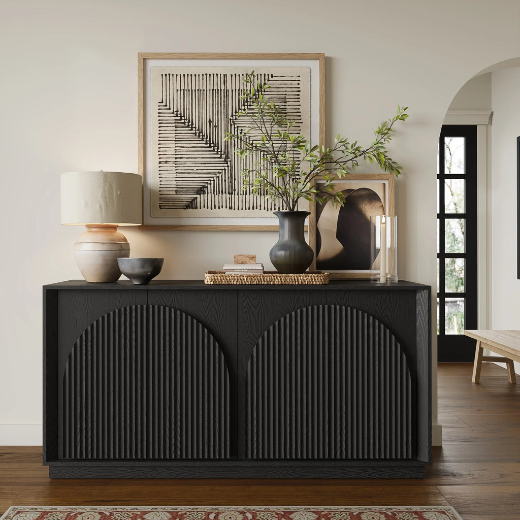 Fluted 4-Door Buffet Cabinet Black