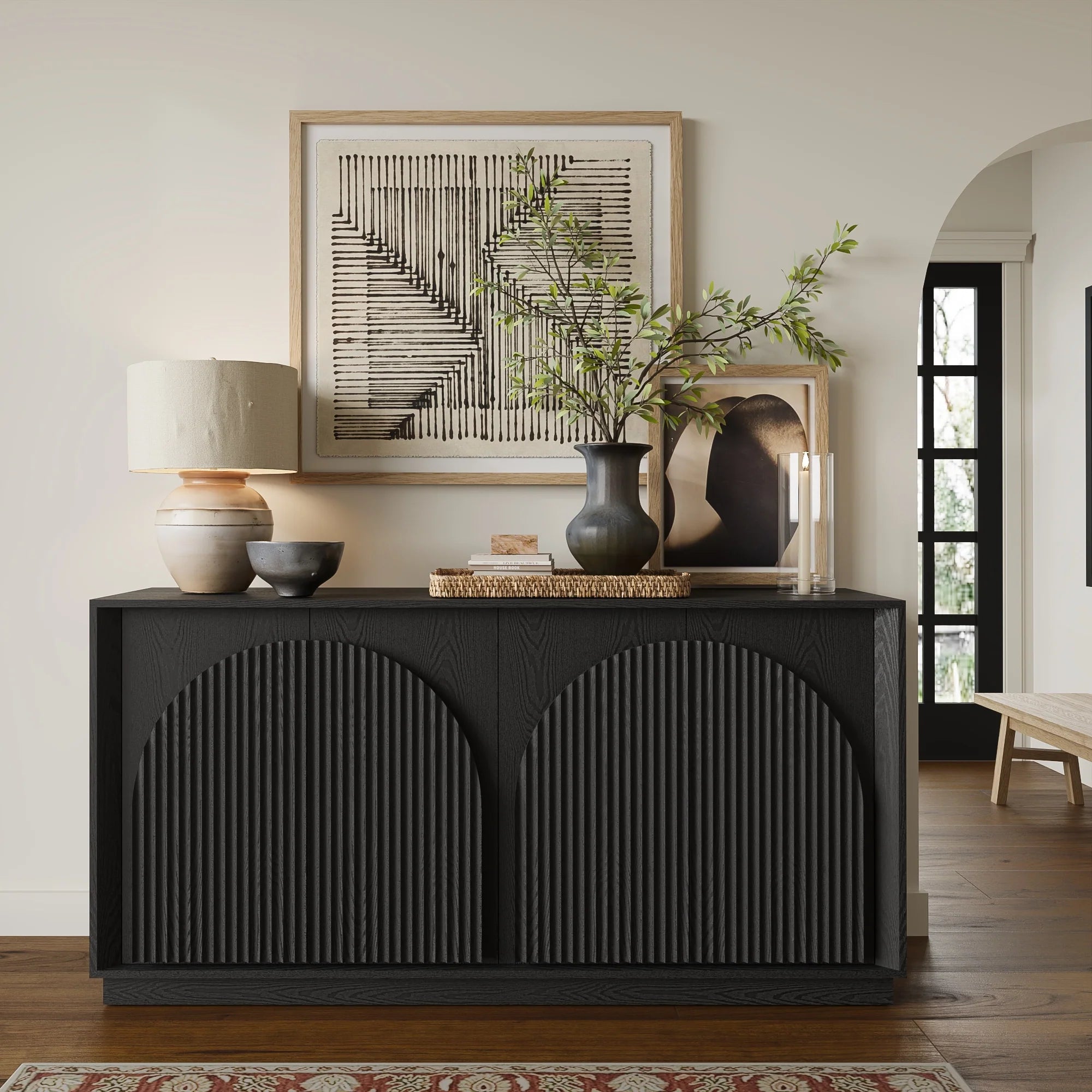 Fluted 4-Door Buffet Cabinet Black
