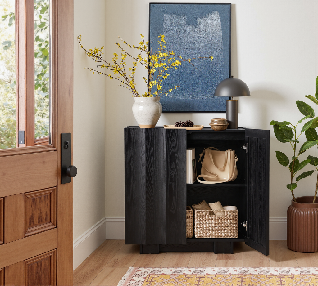 win2win Buffet Cabinet with Storage, Mid Century Modern Sideboard with Wave Design, Wood Grain Finish, Credenza with Adjustable Shelves, Modular Accent Cabinets for Living Dining Room Hallway, Black
