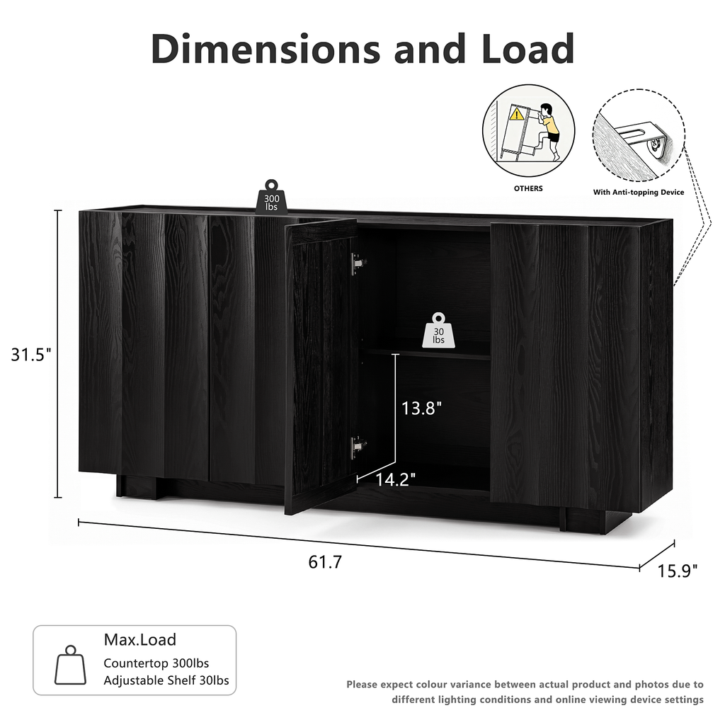 win2win Buffet Cabinet with Storage, Mid Century Modern Sideboard with Wave Design, Wood Grain Finish, Credenza with Adjustable Shelves, Modular Cabinets for Living Dining Room Hallway, Black