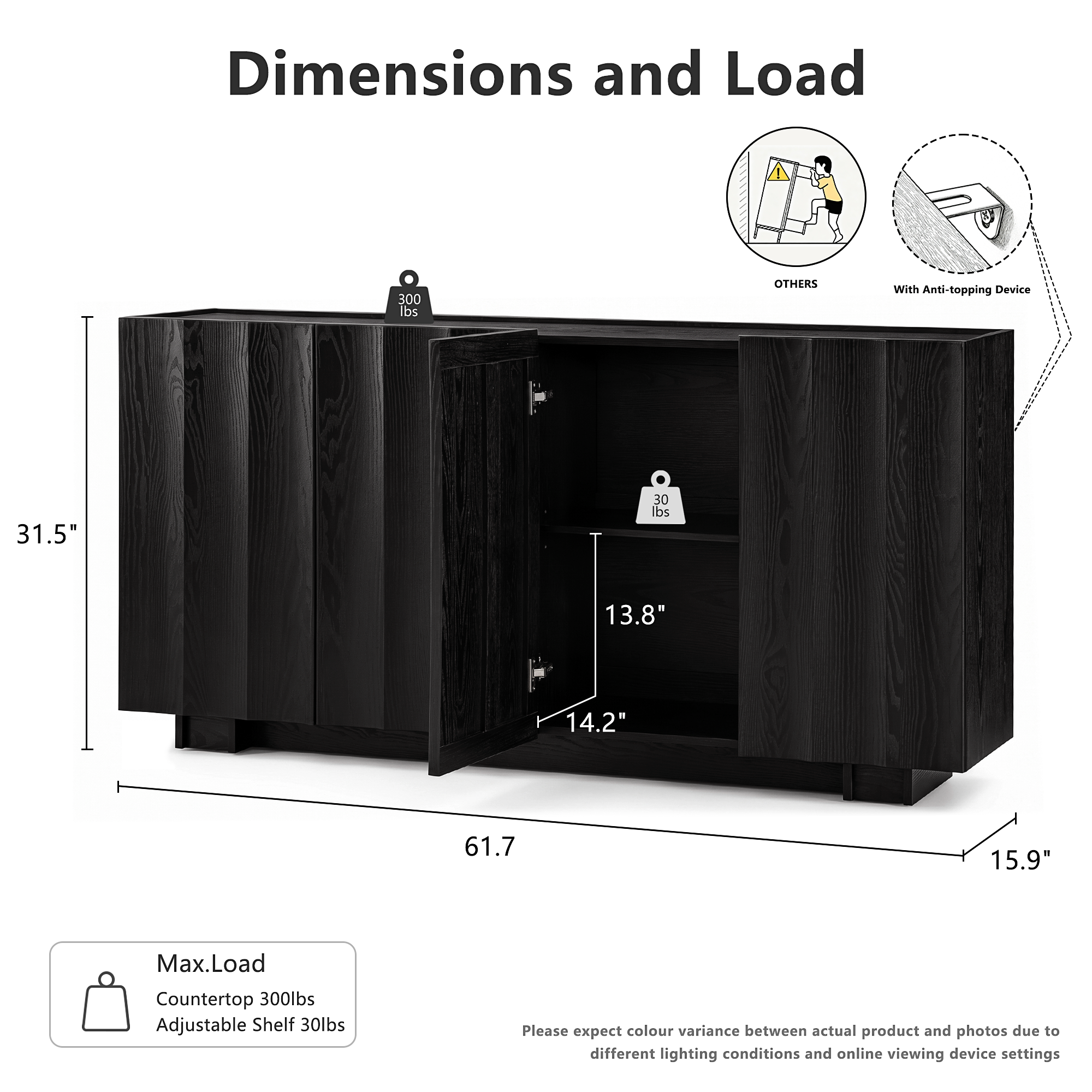 win2win Buffet Cabinet with Storage, Mid Century Modern Sideboard with Wave Design, Wood Grain Finish, Credenza with Adjustable Shelves, Modular Cabinets for Living Dining Room Hallway, Black