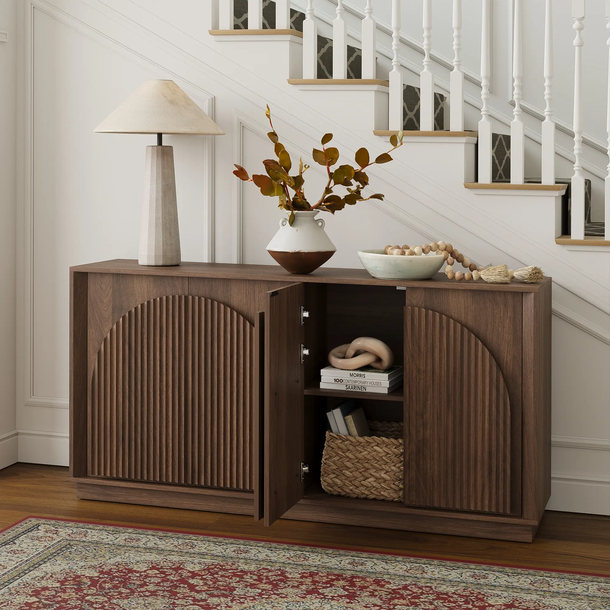 Win2Win Fluted 4-Door Sideboard Buffet Cabinet – 65" Walnut win2win