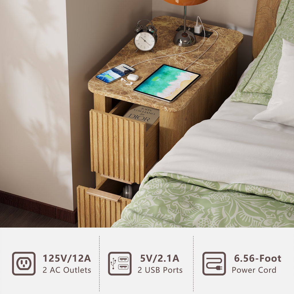 win2win Narrow End Table with Charging Station, Fluted Side Table with Faux Marble Top, Skinny Modern Boho Nightstand, Slim End Table with Drawers & Storage for Living Room, Bedroom, Oak