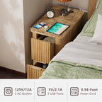 win2win Narrow End Table with Charging Station, Fluted Side Table with Faux Marble Top, Skinny Modern Boho Nightstand, Slim End Table with Drawers & Storage for Living Room, Bedroom, Oak