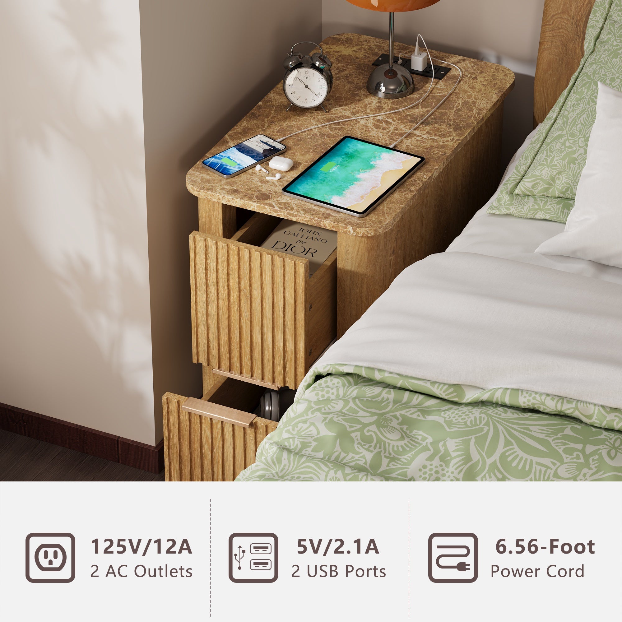 win2win Narrow End Table with Charging Station, Fluted Side Table with Faux Marble Top, Skinny Modern Boho Nightstand, Slim End Table with Drawers & Storage for Living Room, Bedroom, Oak