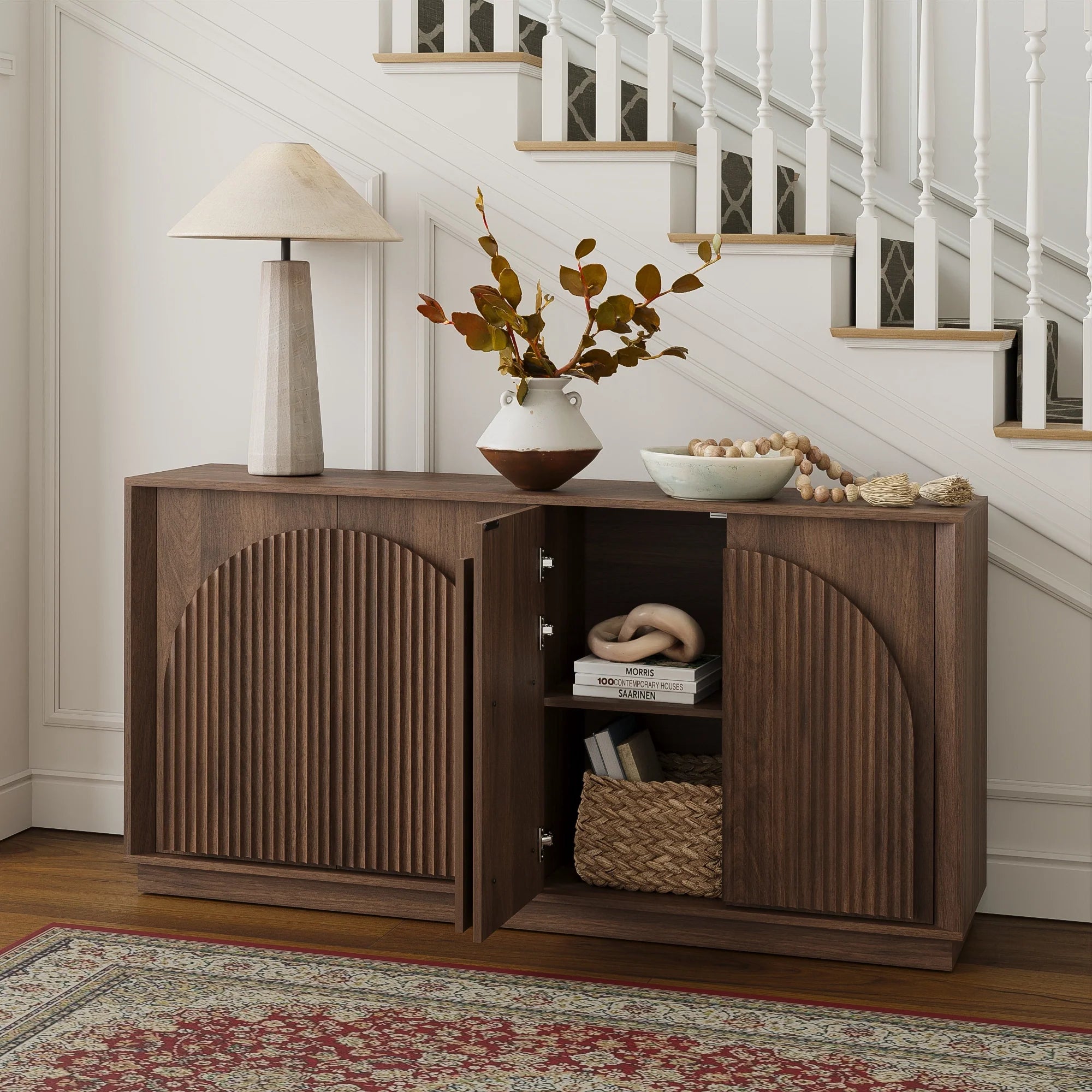 Fluted 4-Door Buffet Cabinet  Walnut