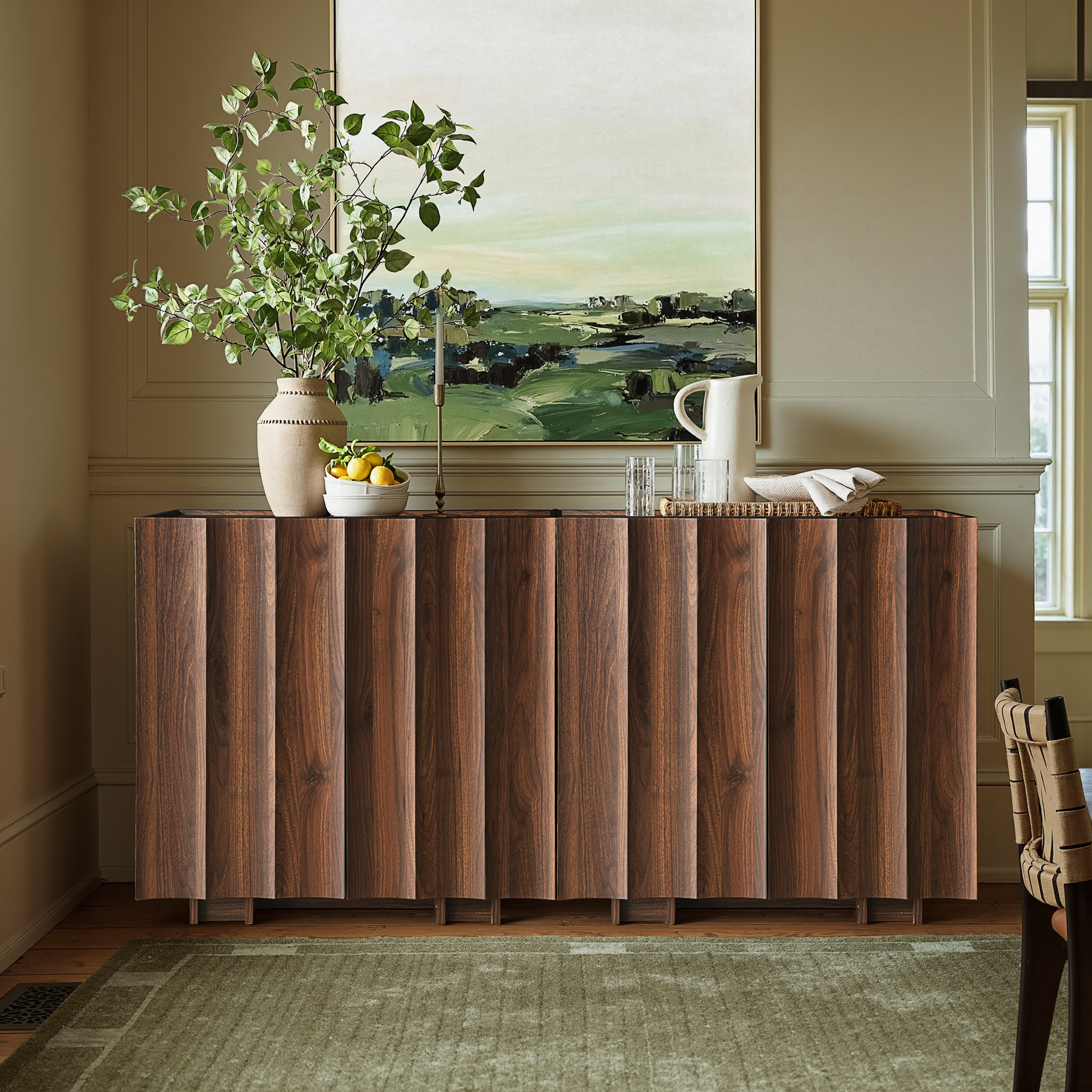 win2win Buffet Cabinet with Storage, Mid Century Modern Sideboard with Wave Design, Wood Grain Finish, Credenza with Adjustable Shelves, Modular Accent Cabinets for Living Dining Room Hallway, Walnut