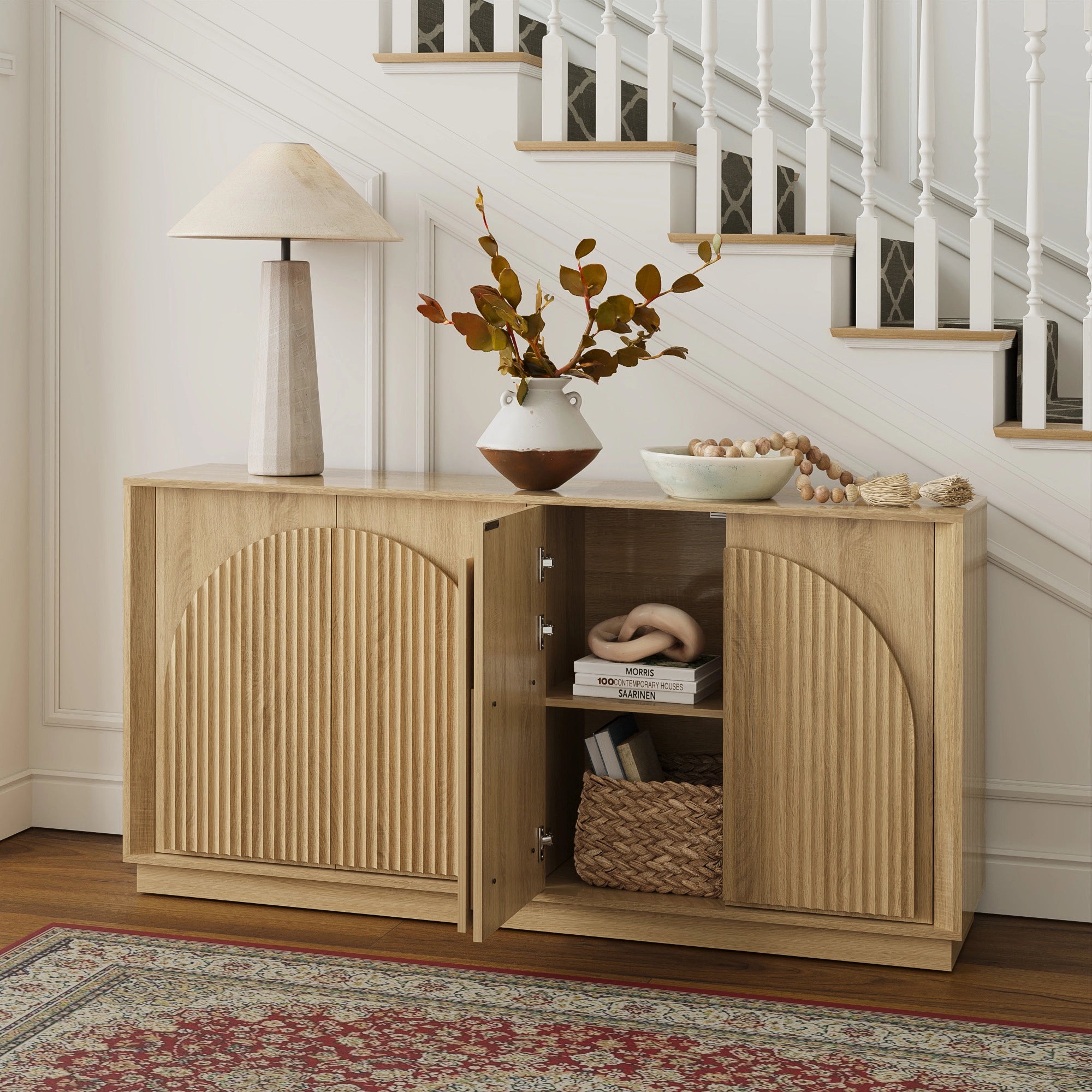 MIN FlU™Fluted 4-Door Buffet Cabinet  Oak