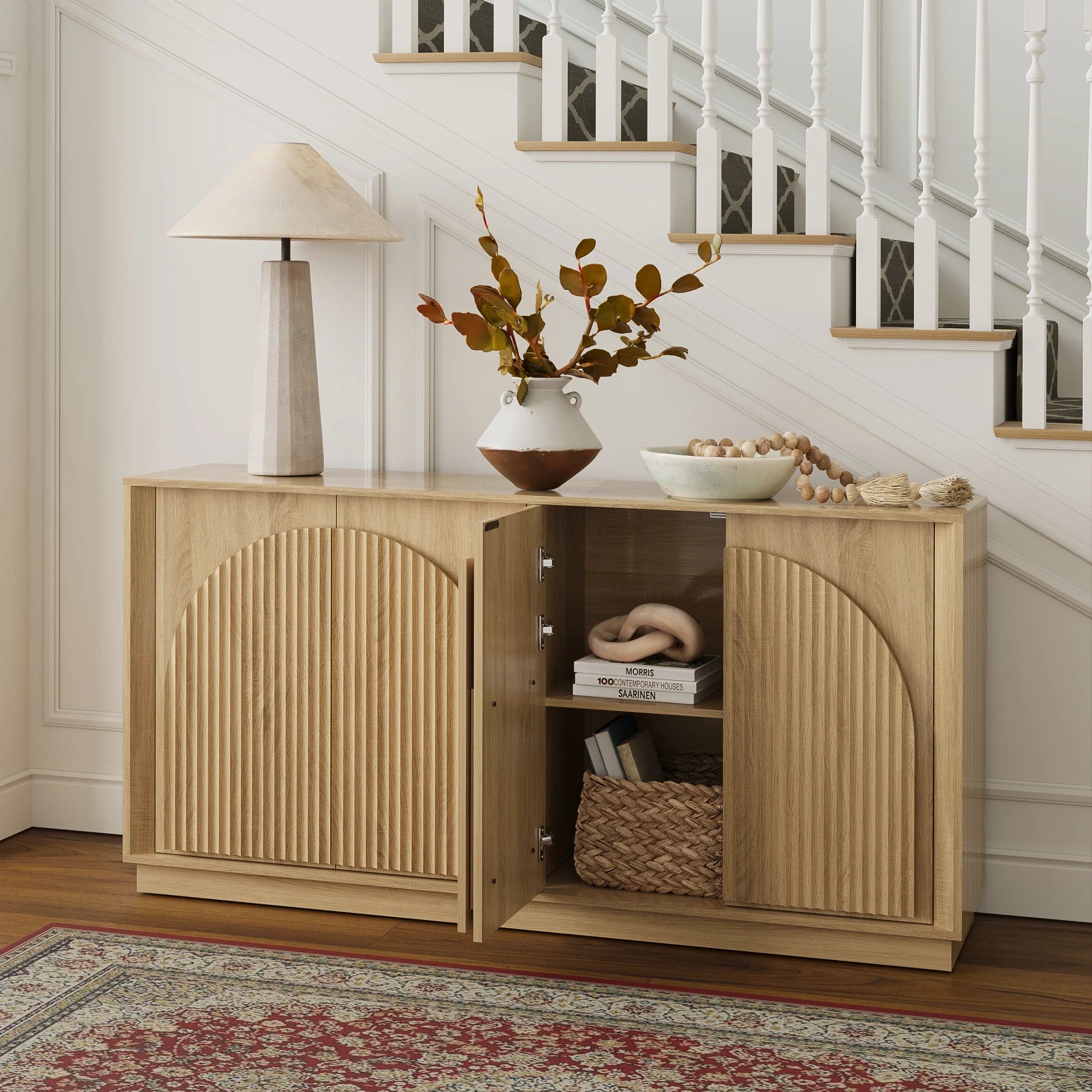 Fluted 4-Door Buffet Cabinet  Oak