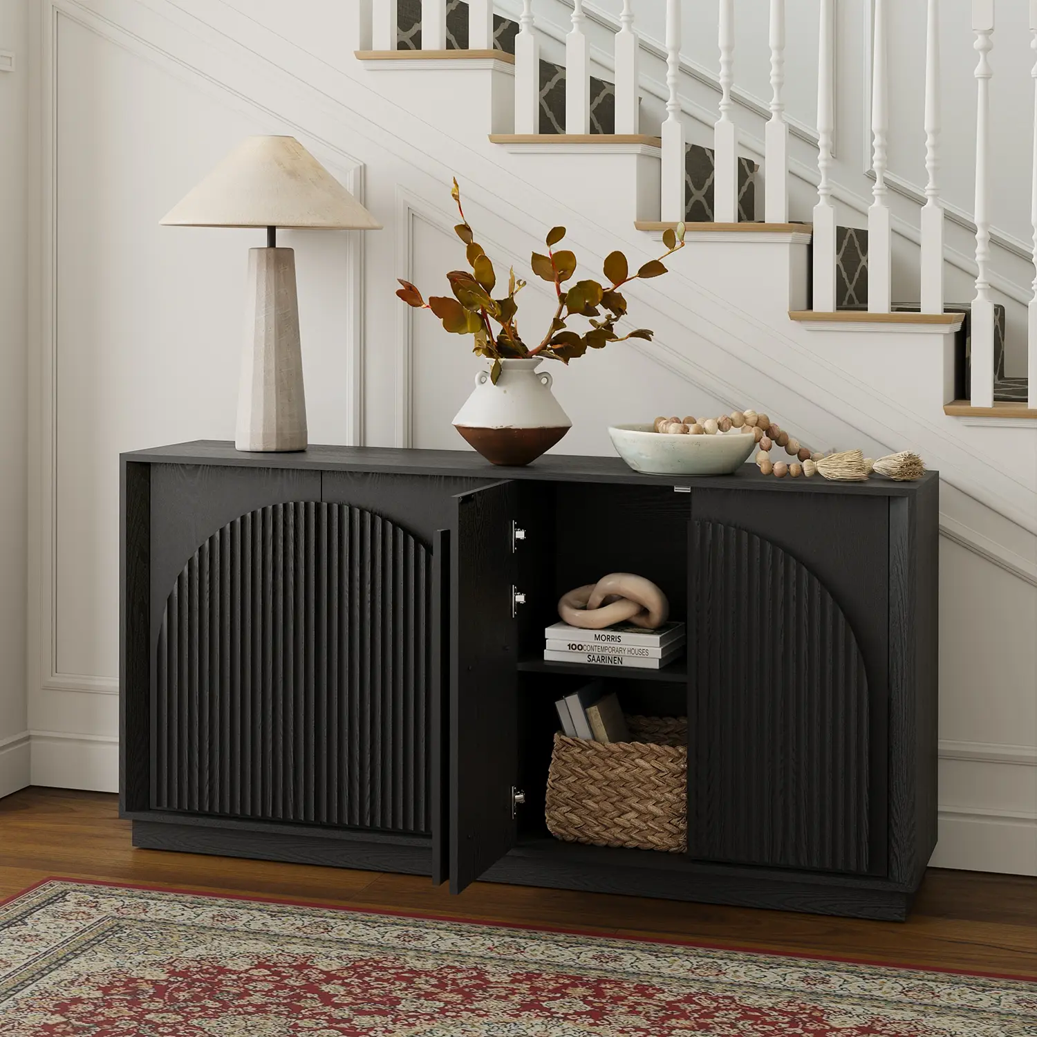 Win2Win Fluted 4-Door Sideboard Buffet Cabinet – 65" Black win2win