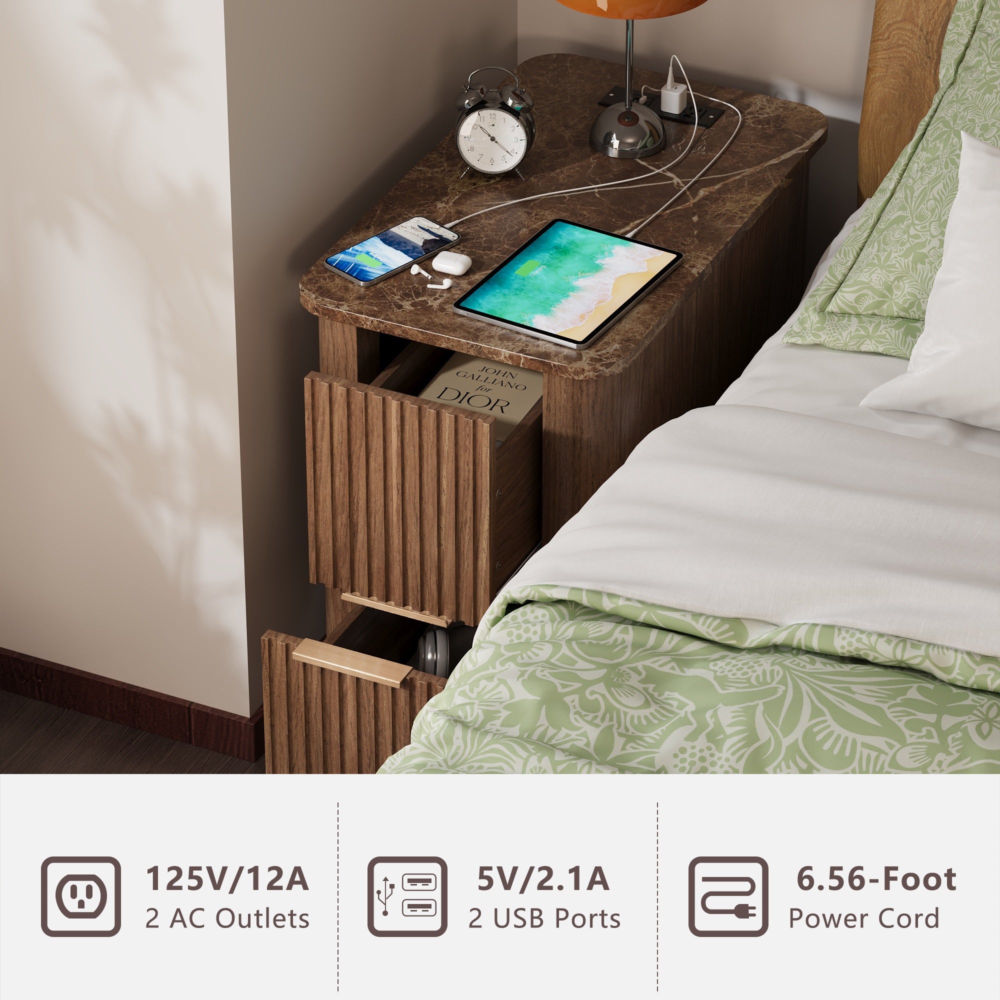 WIN2WIN Narrow End Table with Charging Station, Fluted Side Table with Faux Marble Top, Skinny Mid-Century Modern Nightstand, Small Bedside Table with Drawers & Storage for Living Room Bedroom, Walnut