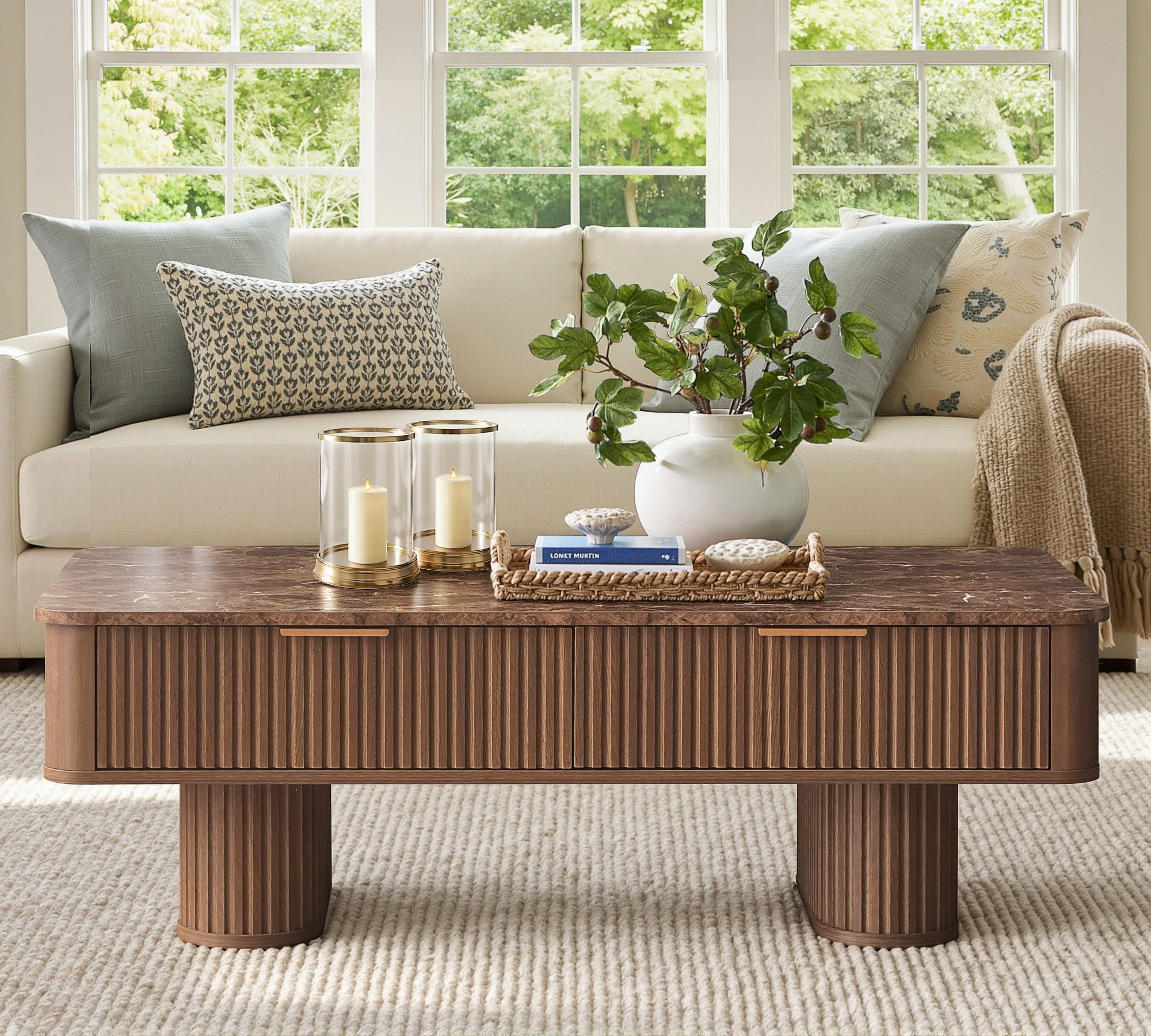 Win2win Fluted Coffee Table with Storage, Mid Century Modern Coffee Table with Faux Marble Top, Minimalist Rectangle Center Table with Sculptural Pedestal Legs & Drawers for Living Room/Office, Walnut Visit the win2win Store