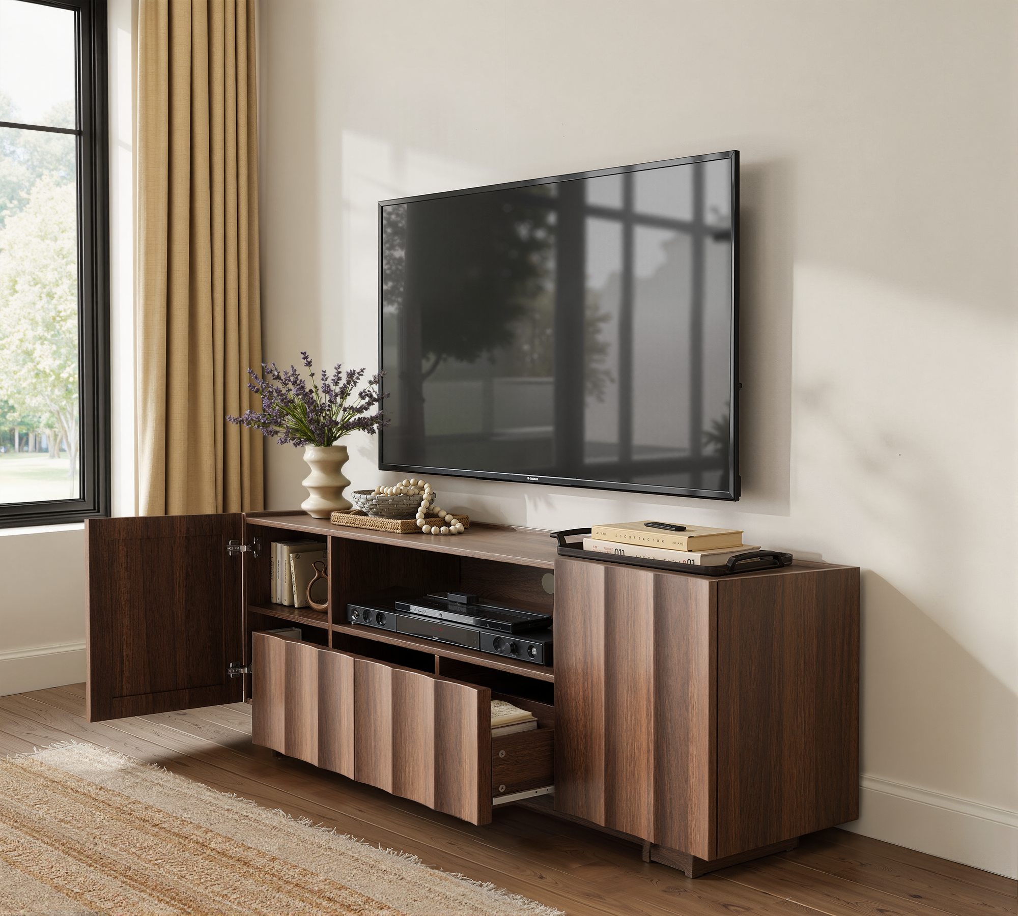 win2win 61" TV Stand for 70 Inch TV, Mid Century Modern TV Stand with Wave Design, Wood Grain Finish, Media Console with Adjustable Shelves, Entertainment Center for Living Room Bedroom, Walnut