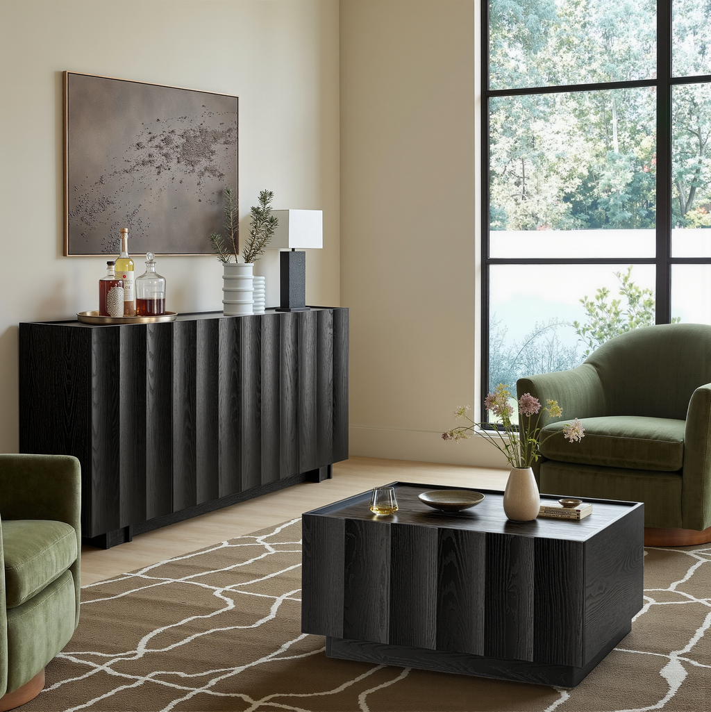win2win Buffet Cabinet with Storage, Mid Century Modern Sideboard with Wave Design, Wood Grain Finish, Credenza with Adjustable Shelves, Modular Cabinets for Living Dining Room Hallway, Black