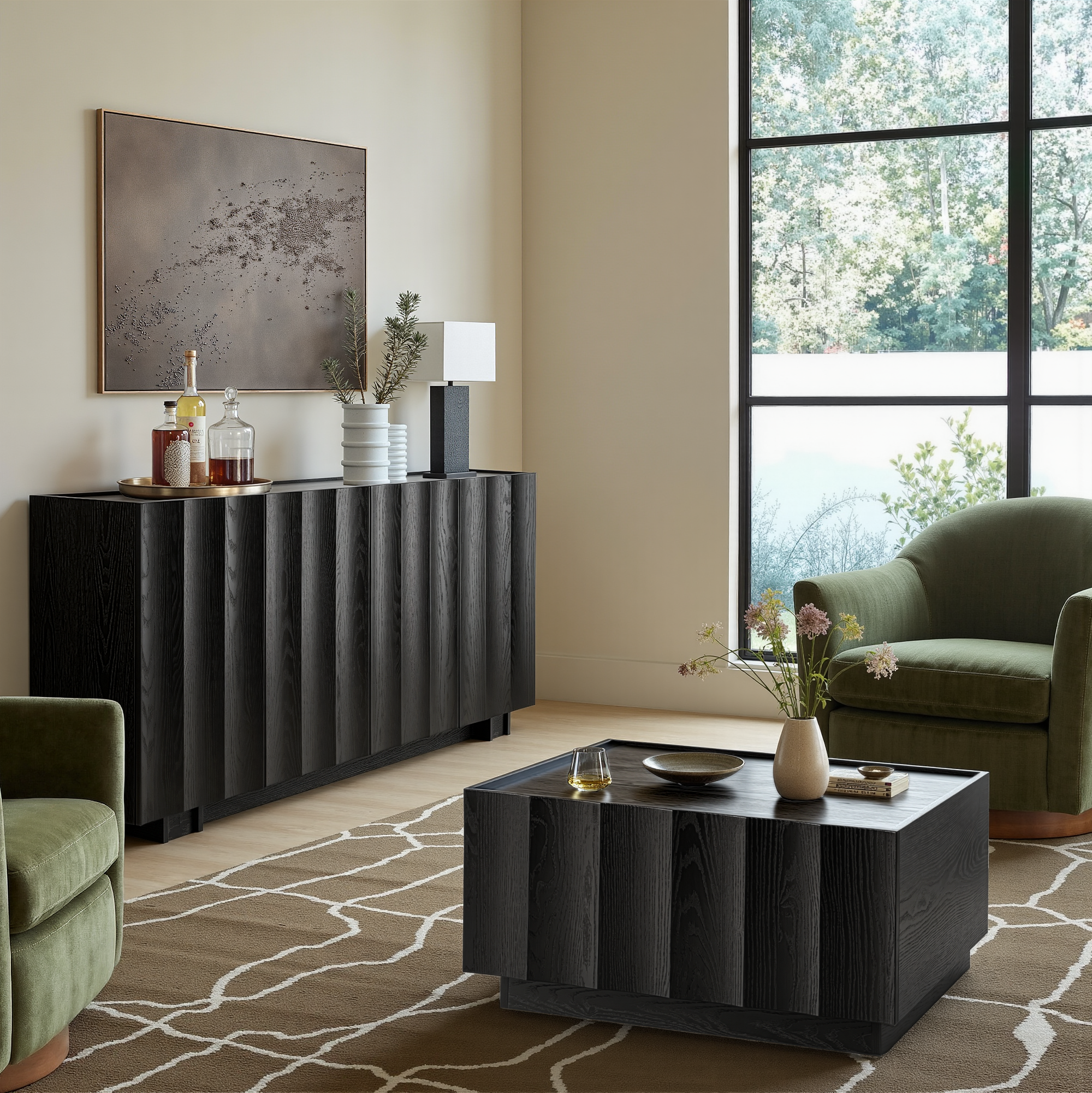 win2win Buffet Cabinet with Storage, Mid Century Modern Sideboard with Wave Design, Wood Grain Finish, Credenza with Adjustable Shelves, Modular Cabinets for Living Dining Room Hallway, Black