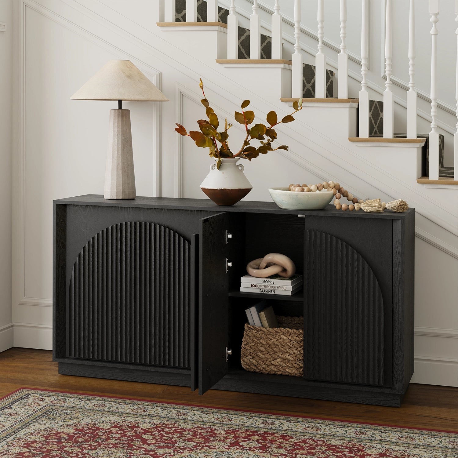 Win2Win Fluted 4-Door Sideboard Buffet Cabinet – 65" Black