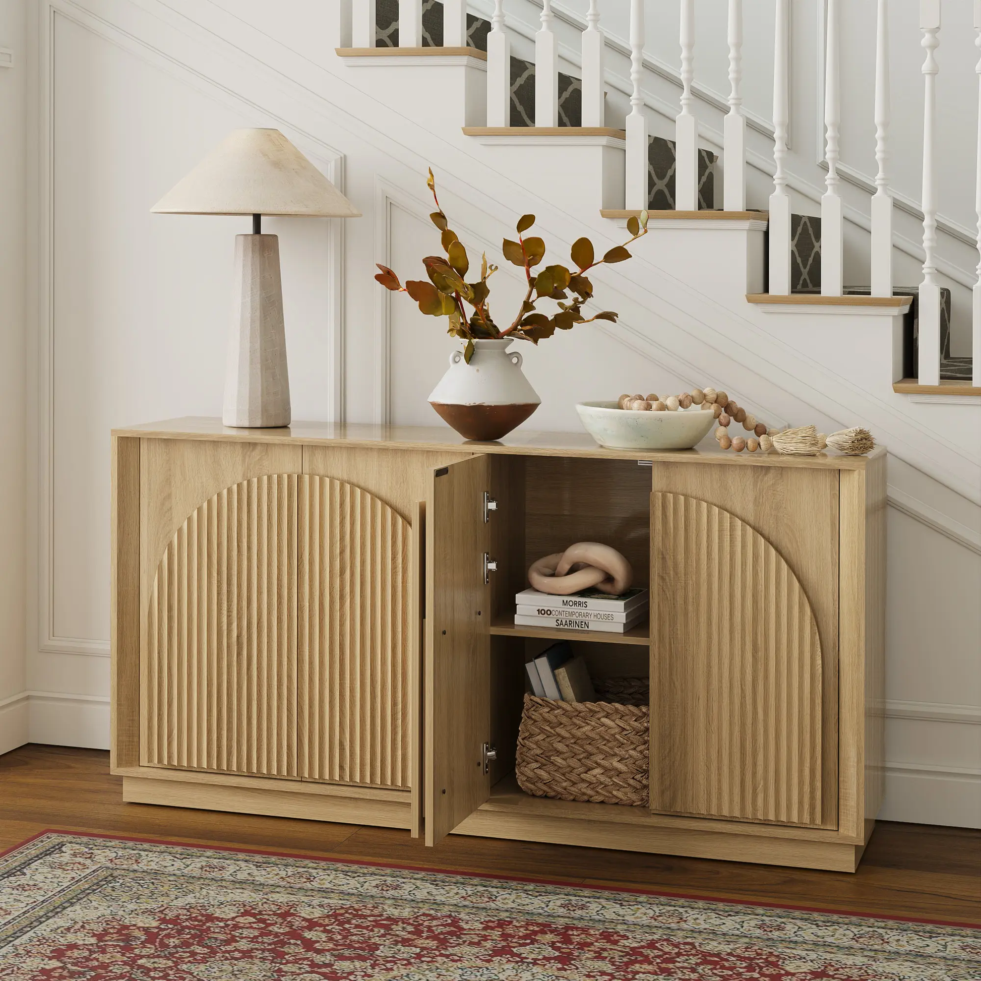 Win2Win Fluted 4-Door Sideboard Buffet Cabinet – 65" Oak win2win