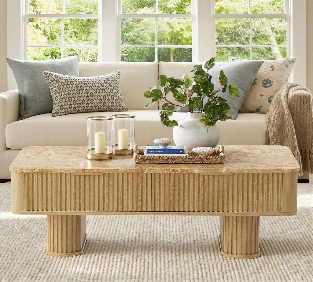 win2win Fluted Coffee Table with Storage, Boho Modern Coffee Table with Faux Marble Top, Minimalist Rectangle Center Table with Sculptural Pedestal Legs & Drawers for Living Room, Office, Oak