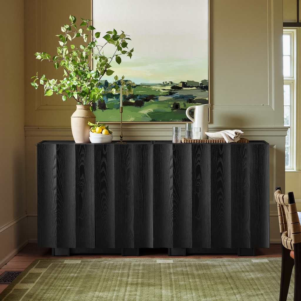 win2win Buffet Cabinet with Storage, Mid Century Modern Sideboard with Wave Design, Wood Grain Finish, Credenza with Adjustable Shelves, Modular Accent Cabinets for Living Dining Room Hallway, Black