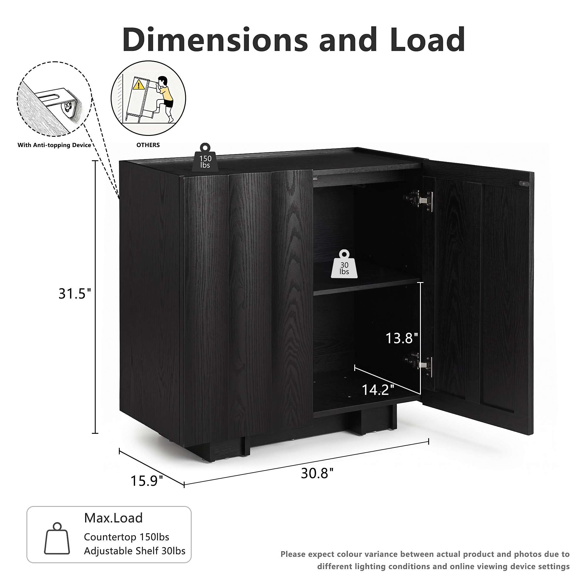 win2win Buffet Cabinet with Storage, Mid Century Modern Sideboard with Wave Design, Wood Grain Finish, Credenza with Adjustable Shelves, Modular Accent Cabinets for Living Dining Room Hallway, Black