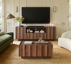 win2win Square Coffee Table with Storage, Mid Century Modern Coffee Table with Wave Design, Wood Grain Finish, Minimalist Center Table with Top-Edge Finger Pull Design for Living Room, Office, Walnut