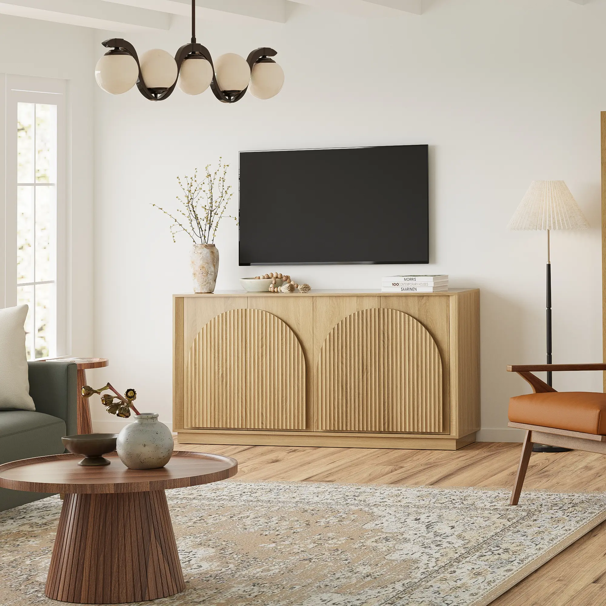 Win2Win Fluted 4-Door Sideboard Buffet Cabinet – 65" Oak win2win