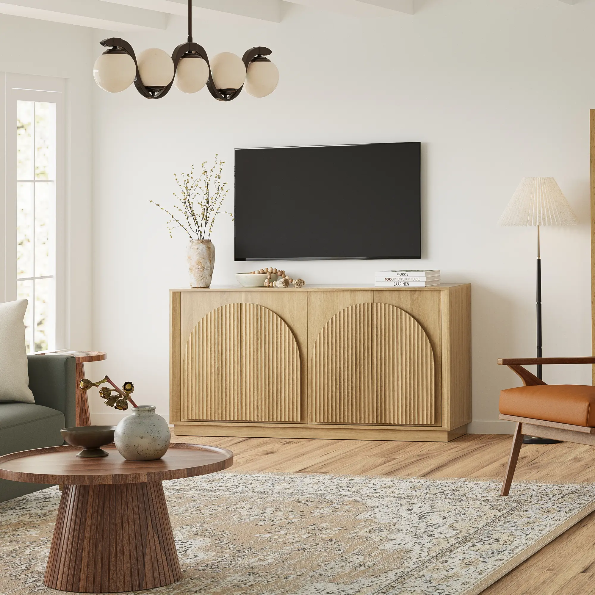 Win2Win Fluted 4-Door Sideboard Buffet Cabinet – 65" Oak win2win