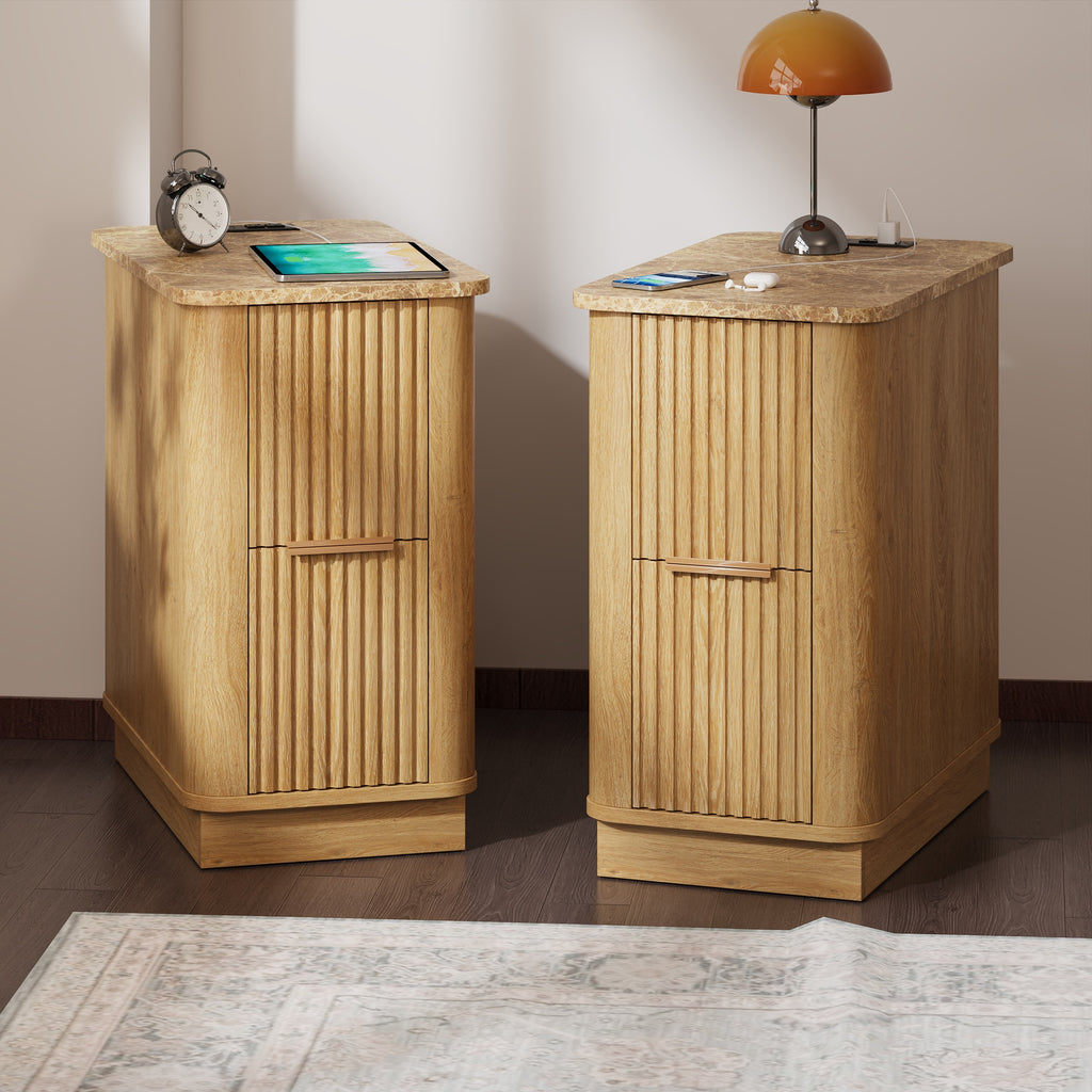 win2win Narrow End Table with Charging Station, Fluted Side Table with Faux Marble Top, Skinny Modern Boho Nightstand, Slim End Table with Drawers & Storage for Living Room, Bedroom, Oak