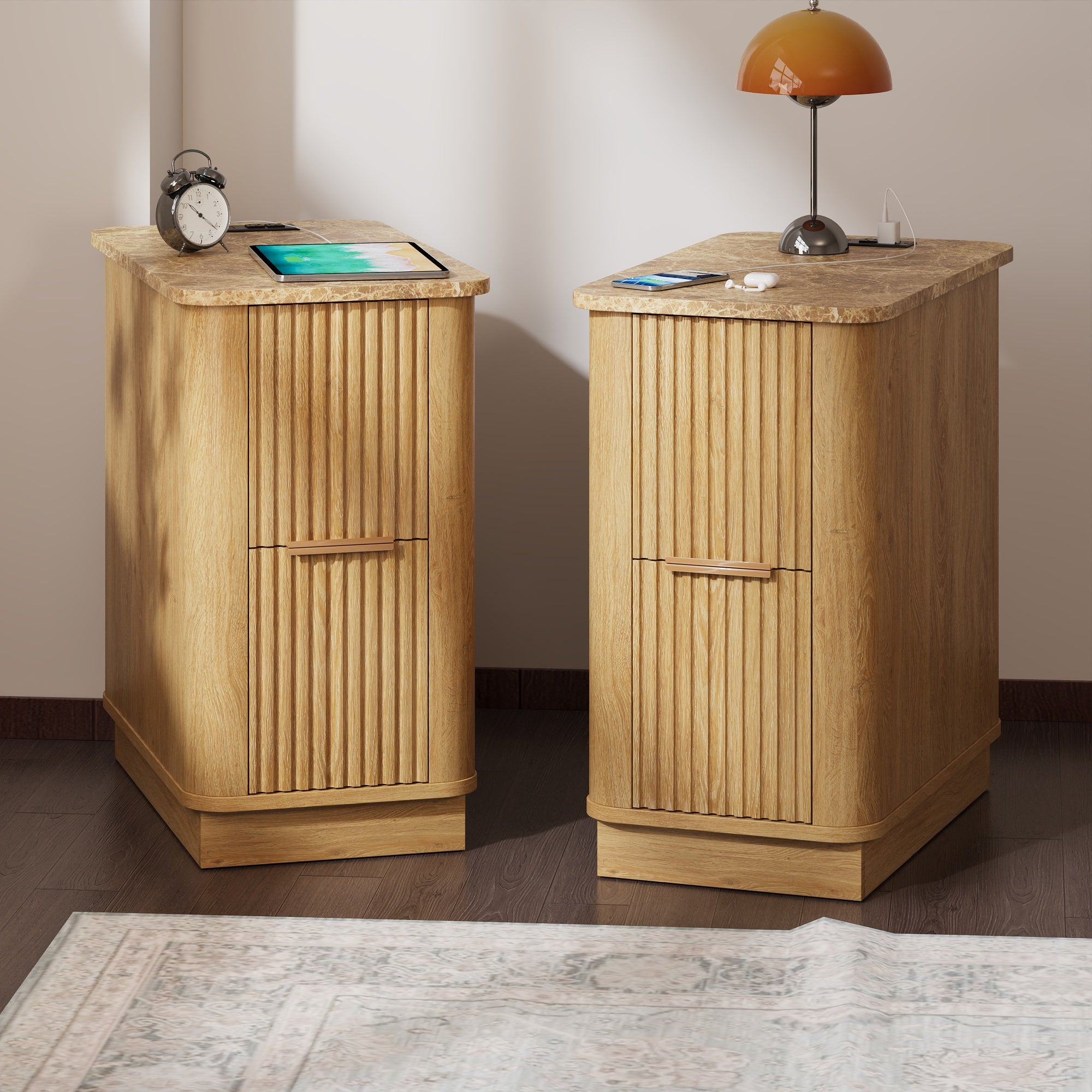 win2win Narrow End Table with Charging Station, Fluted Side Table with Faux Marble Top, Skinny Modern Boho Nightstand, Slim End Table with Drawers & Storage for Living Room, Bedroom, Oak
