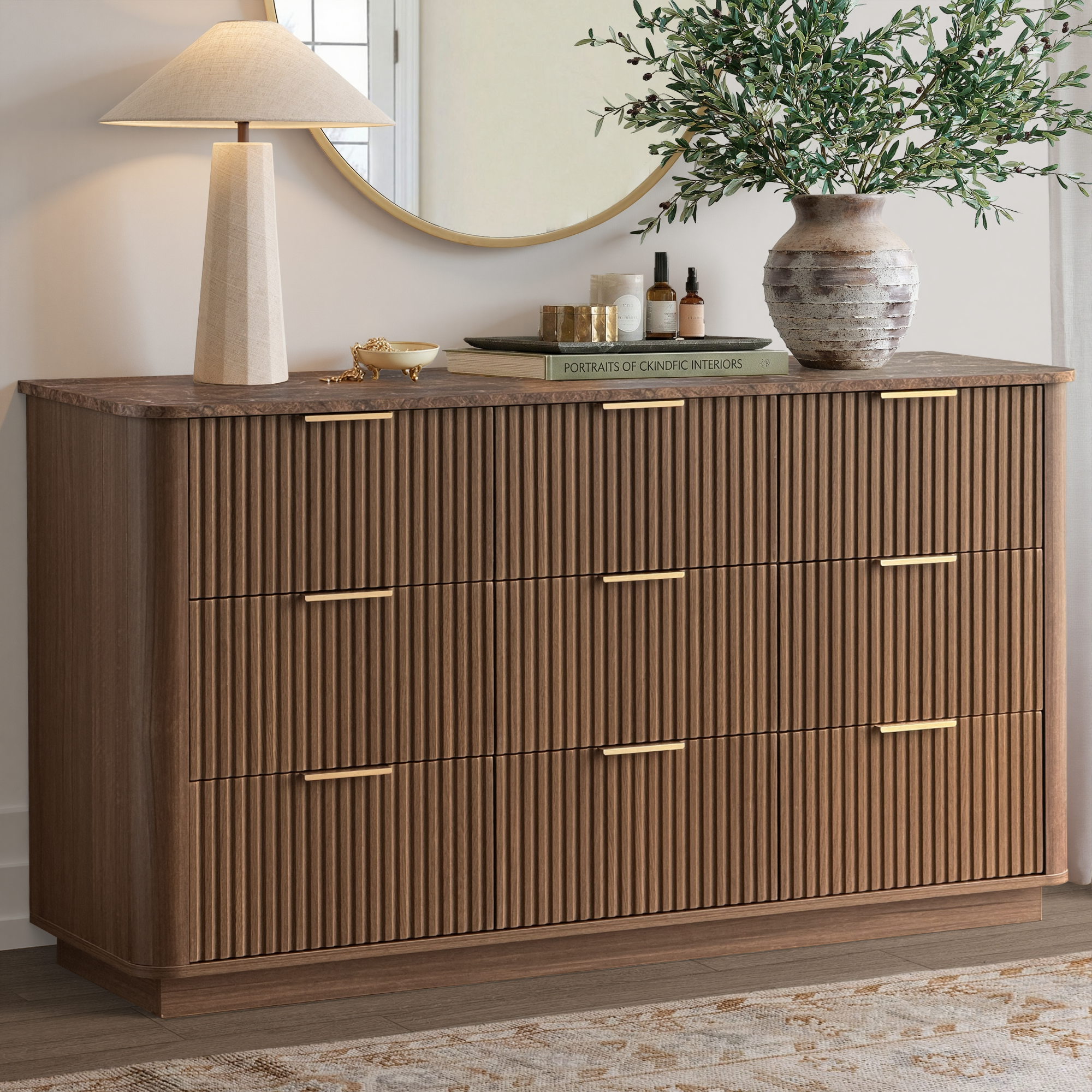 MINORA™ Arco Fluted 9 dresser Bedroom Set – Walnut