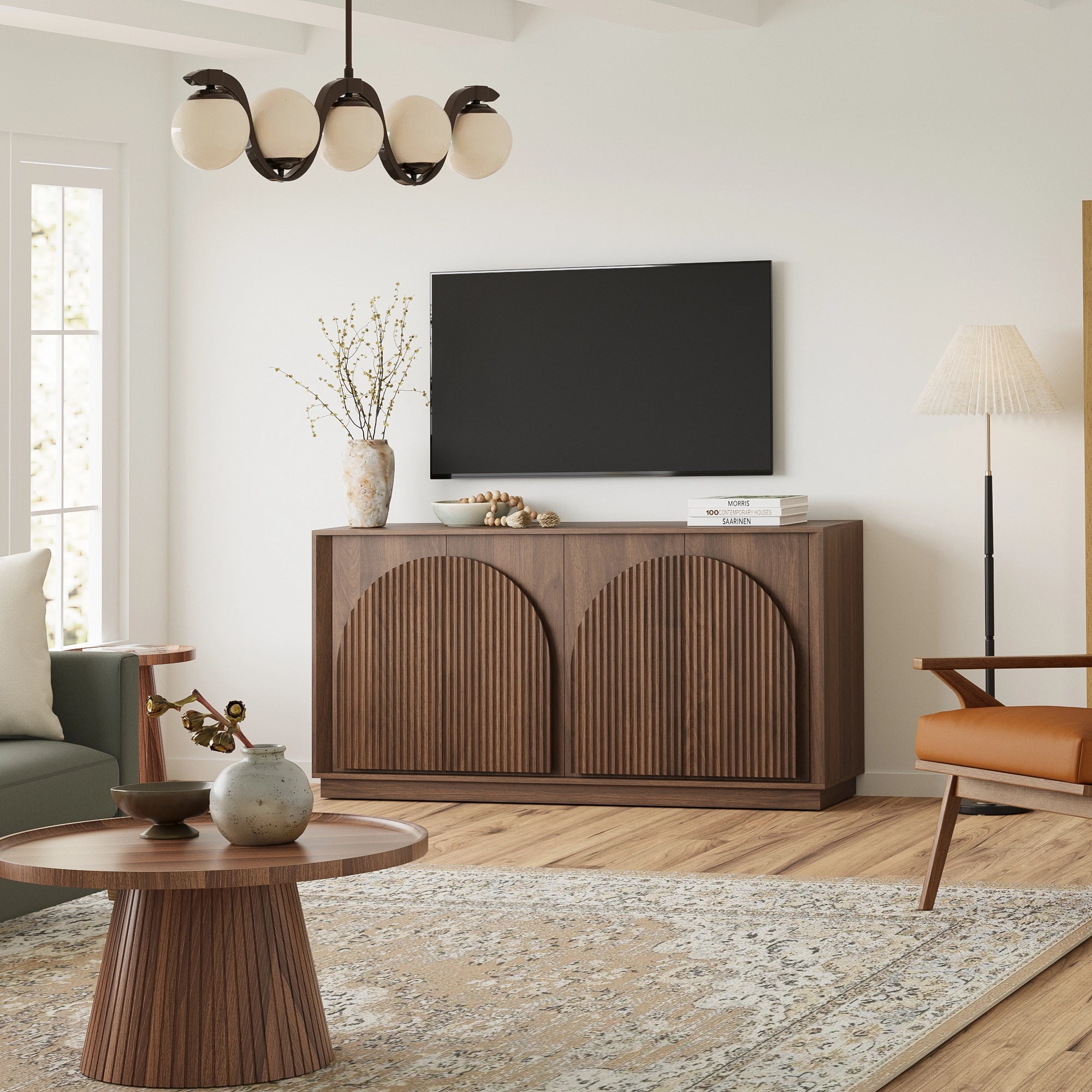 MIN FlU™Fluted 4-Door Buffet Cabinet  Walnut