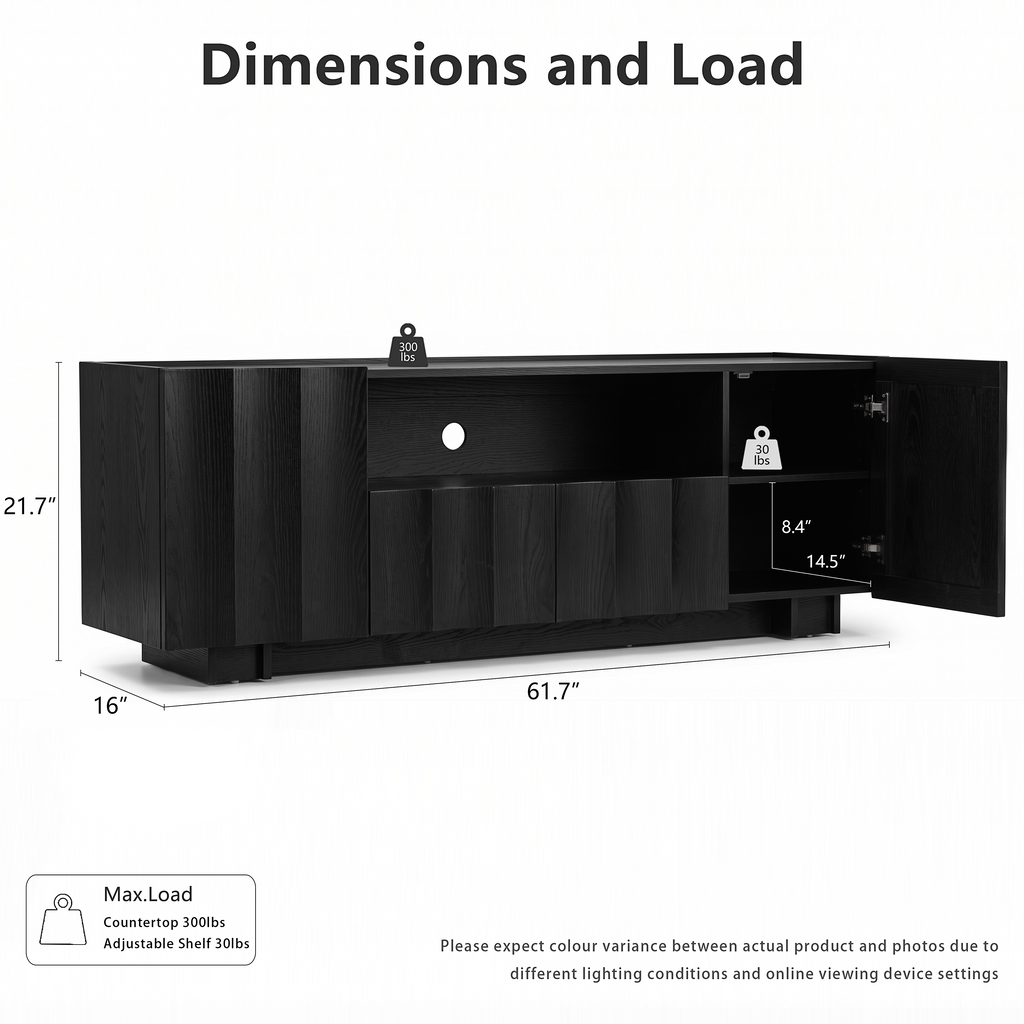 win2win 61" TV Stand for 70 Inch TV, Mid Century Modern TV Stand with Wave Design, Wood Grain Finish, Media Console with Adjustable Shelves, Entertainment Center for Living Room Bedroom, Black