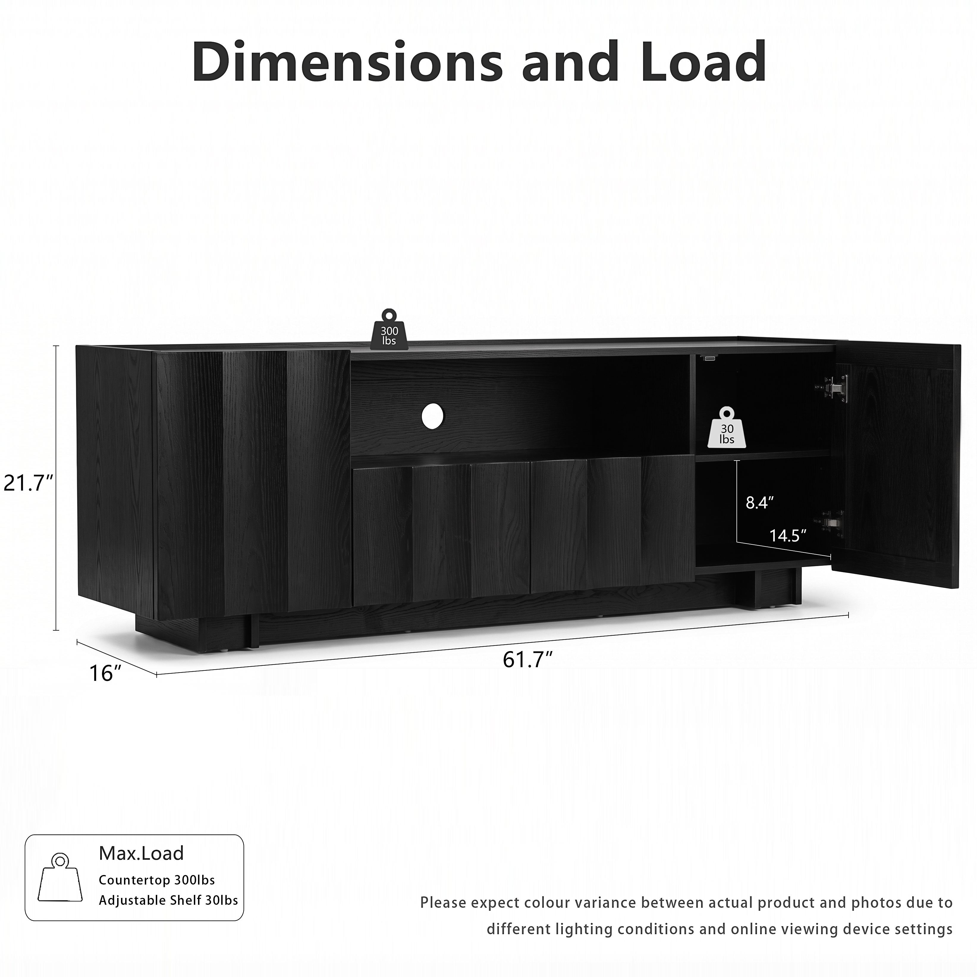 win2win 61" TV Stand for 70 Inch TV, Mid Century Modern TV Stand with Wave Design, Wood Grain Finish, Media Console with Adjustable Shelves, Entertainment Center for Living Room Bedroom, Black