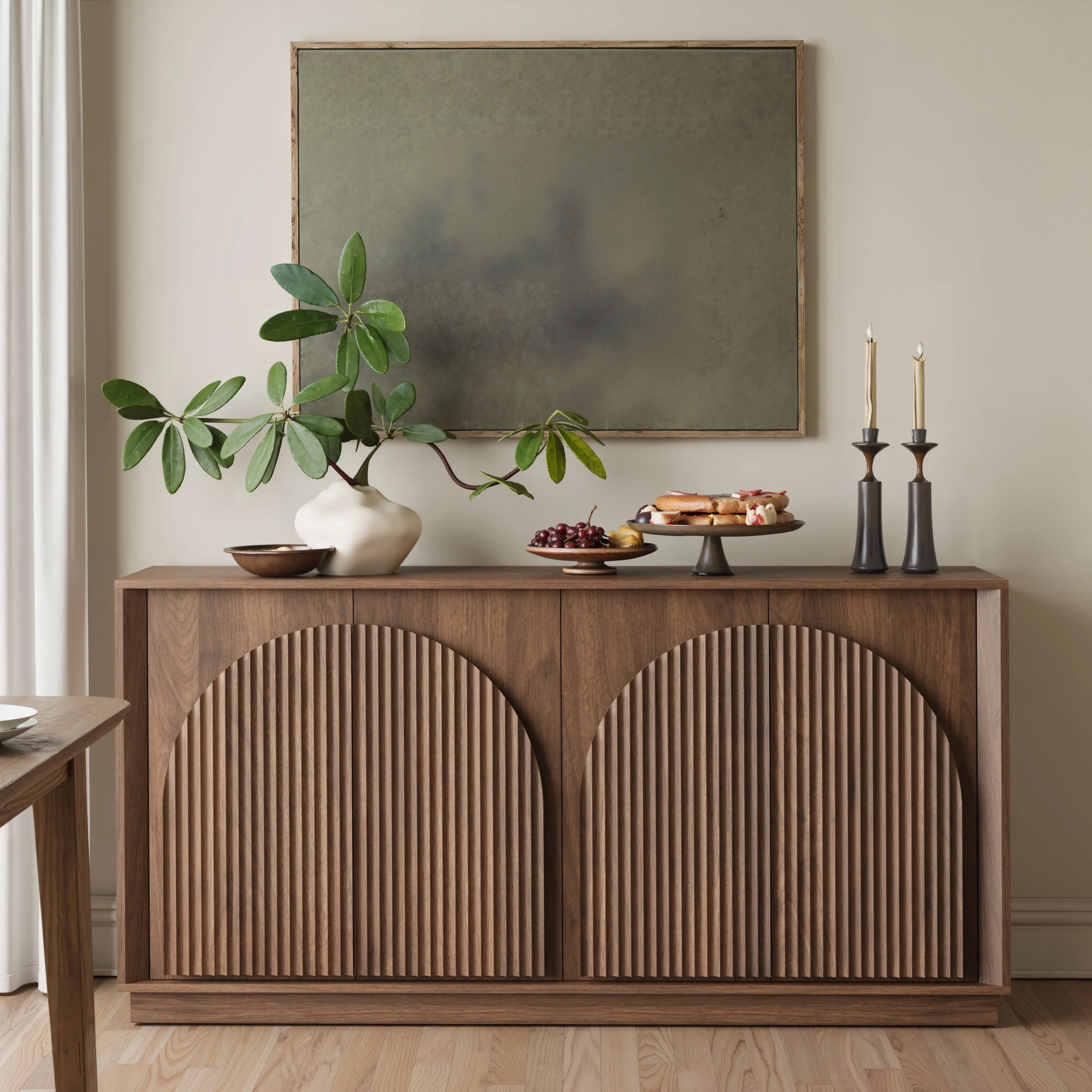 Fluted 4-Door Buffet Cabinet  Walnut