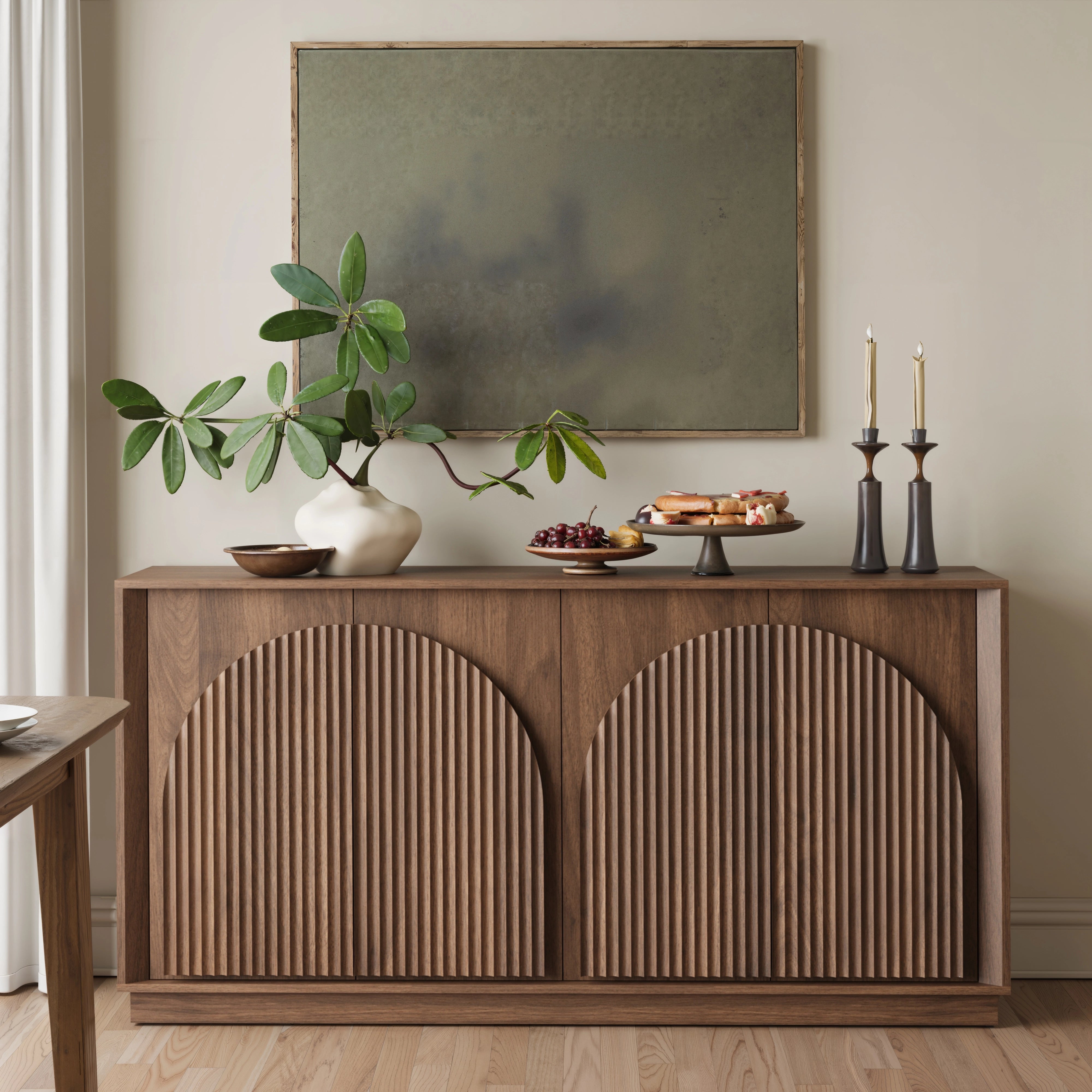 MIN FlU™Fluted 4-Door Buffet Cabinet  Walnut