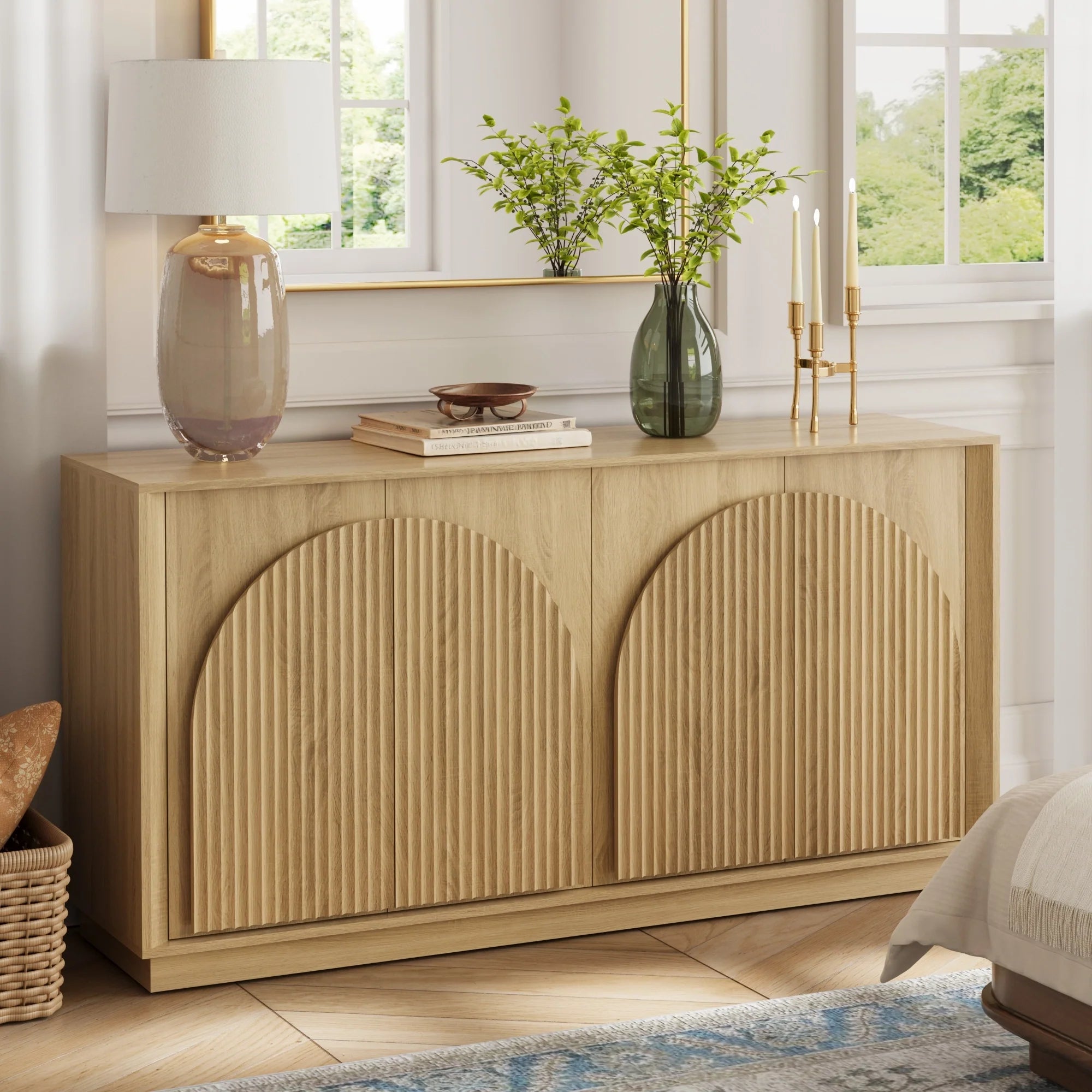 Fluted 4-Door Buffet Cabinet  Oak