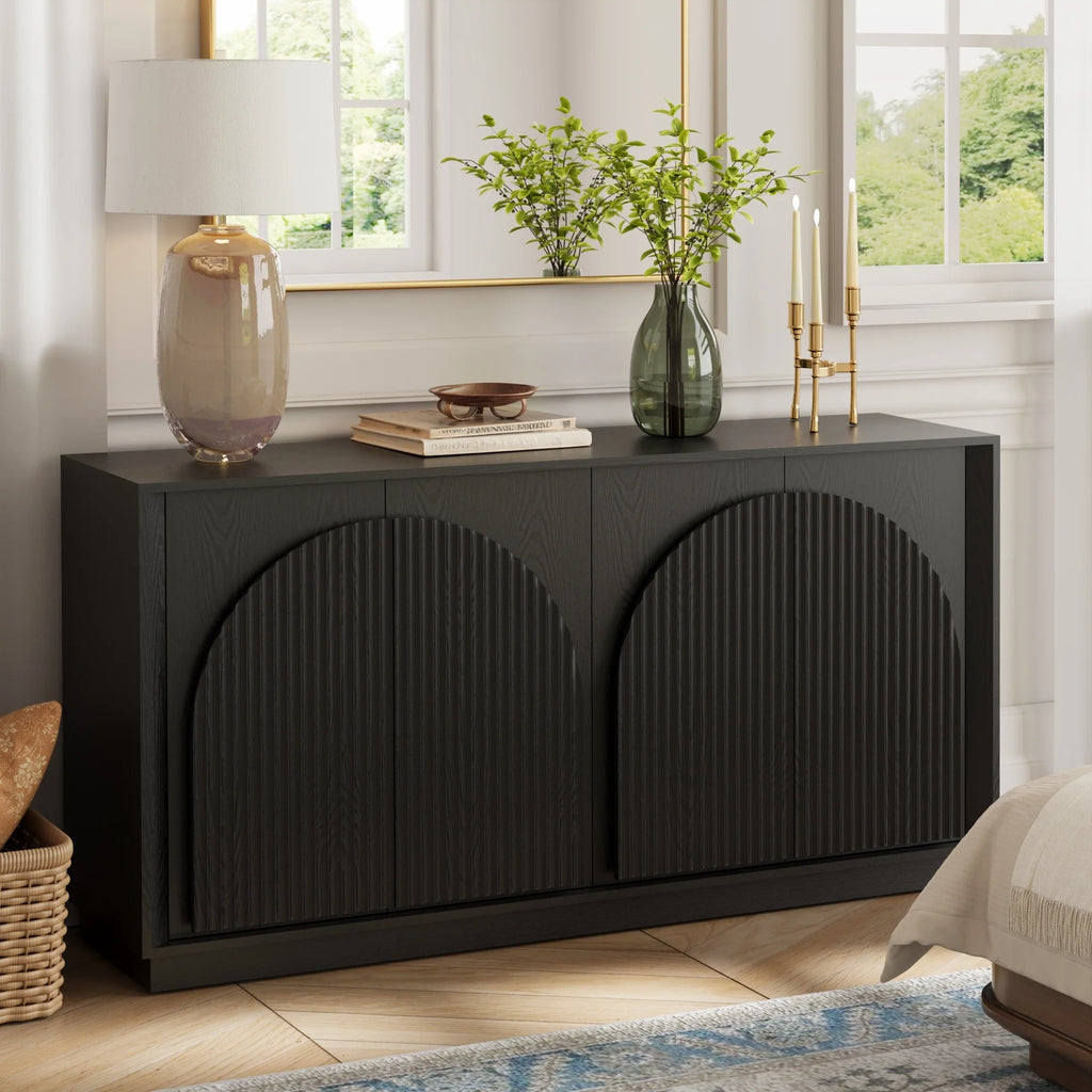 Fluted 4-Door Buffet Cabinet Black