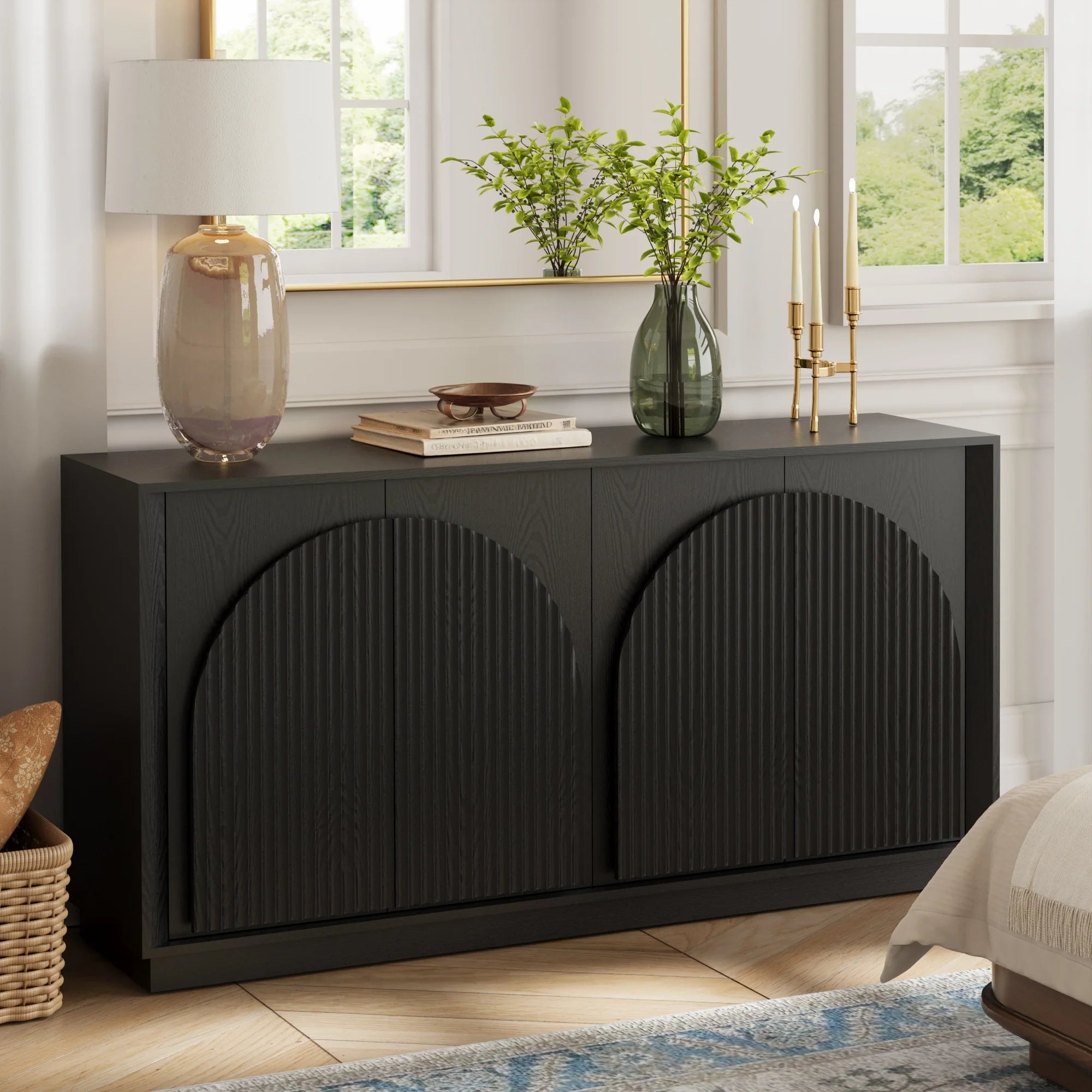 Fluted 4-Door Buffet Cabinet Black