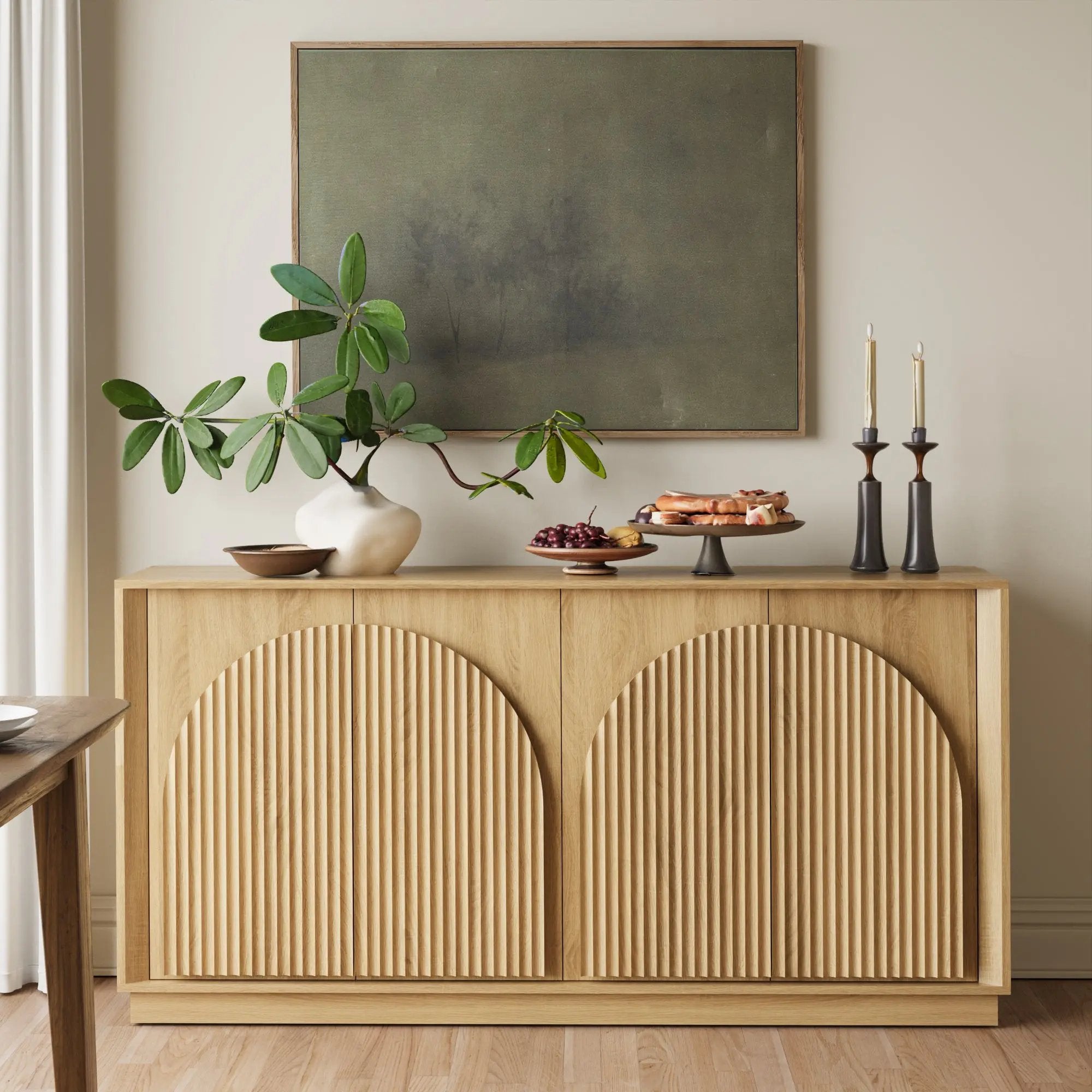 Win2Win Fluted 4-Door Sideboard Buffet Cabinet – 65" Oak win2win