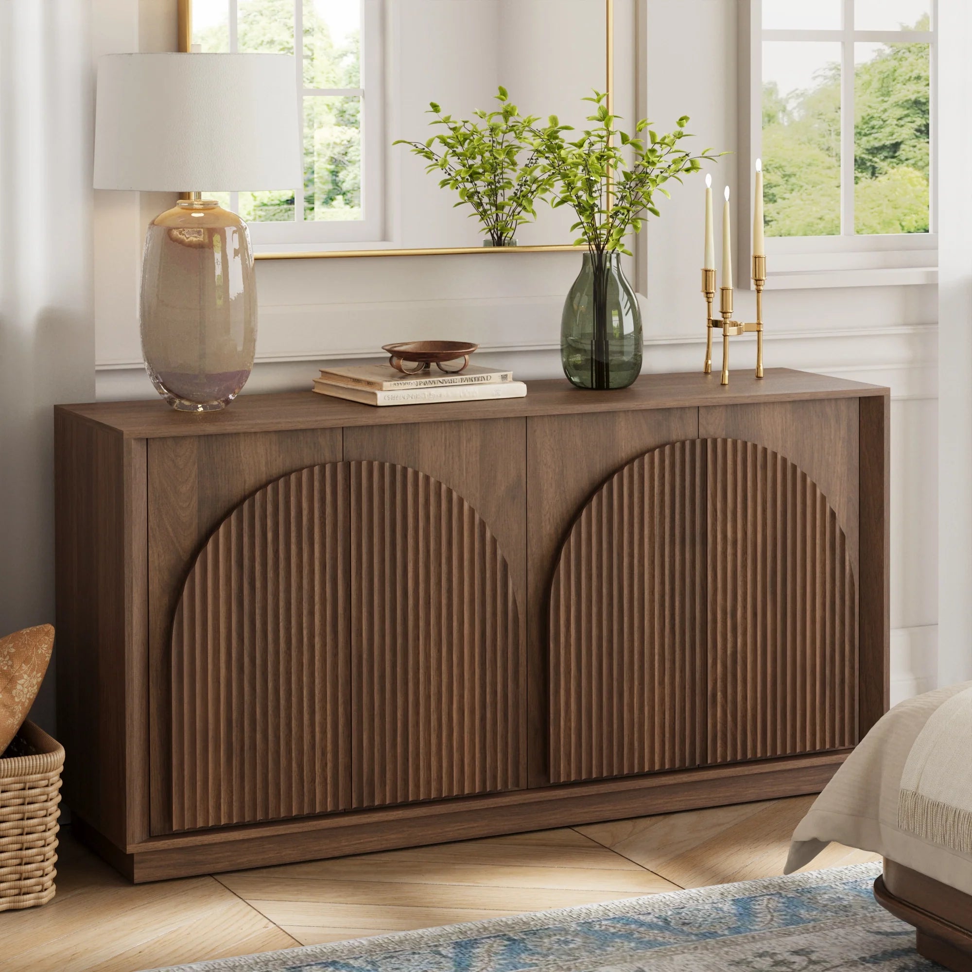 Fluted 4-Door Buffet Cabinet  Walnut