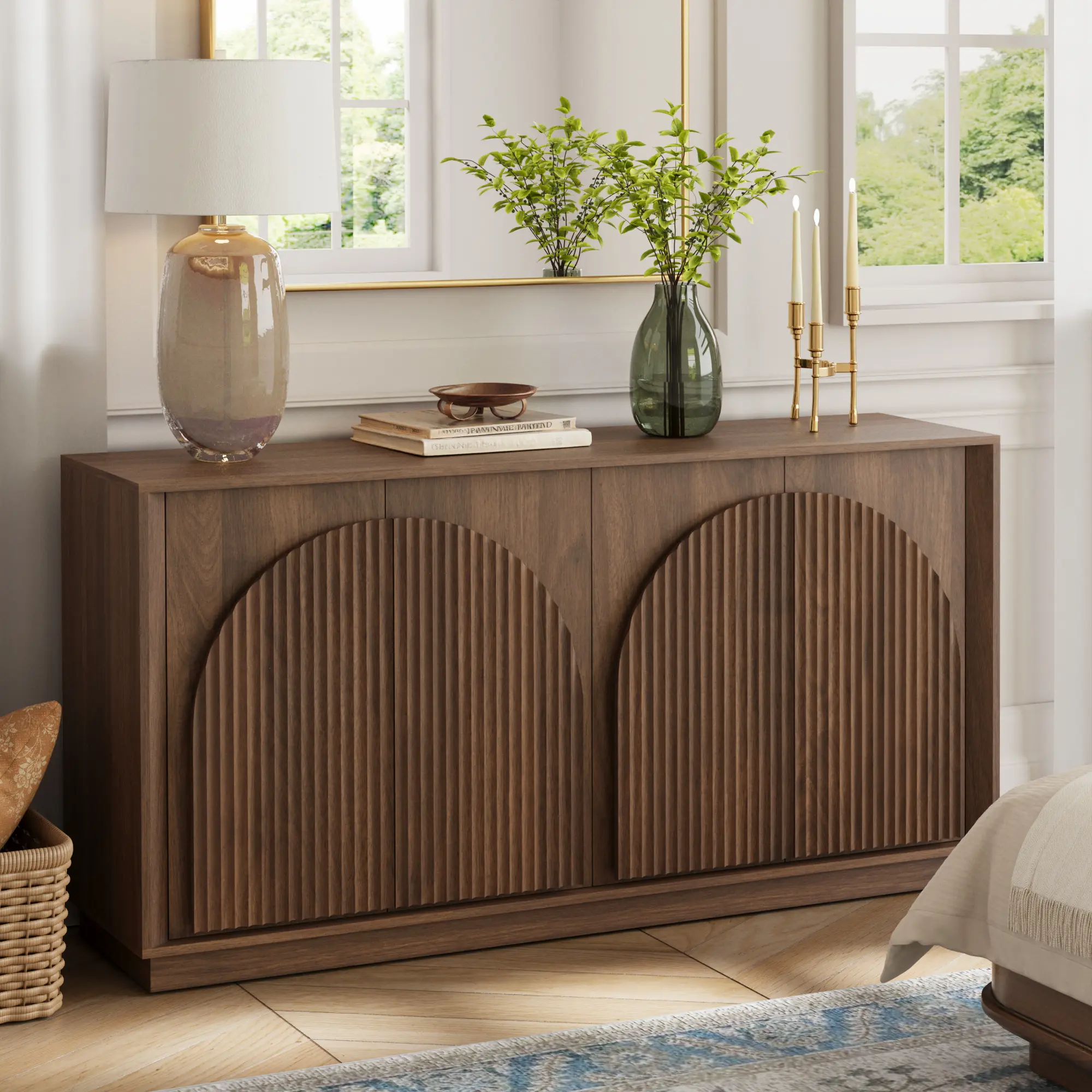 Win2Win Fluted 4-Door Sideboard Buffet Cabinet – 65" Walnut win2win