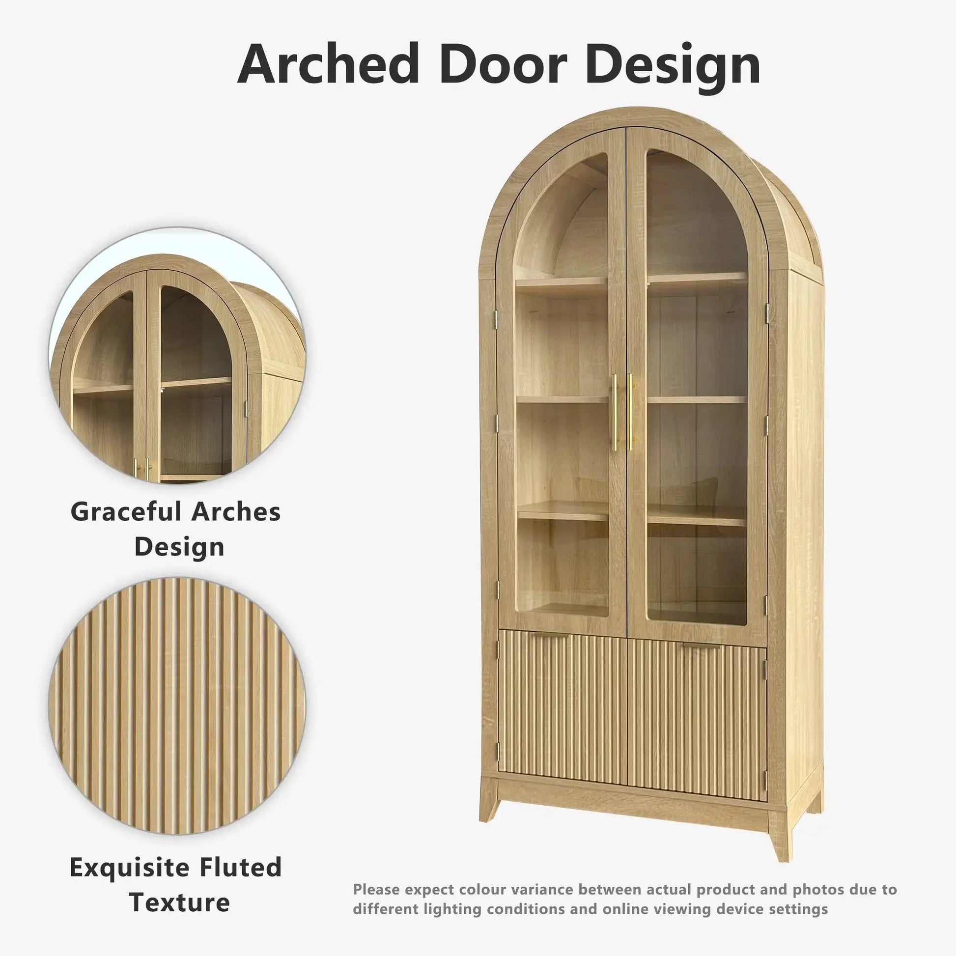  Arched Door Design of Win2Win Tall Arched Cabinet with Glass Doors, Oak Storage Cabinet with Fluted Doors, featuring graceful arches and exquisite fluted texture