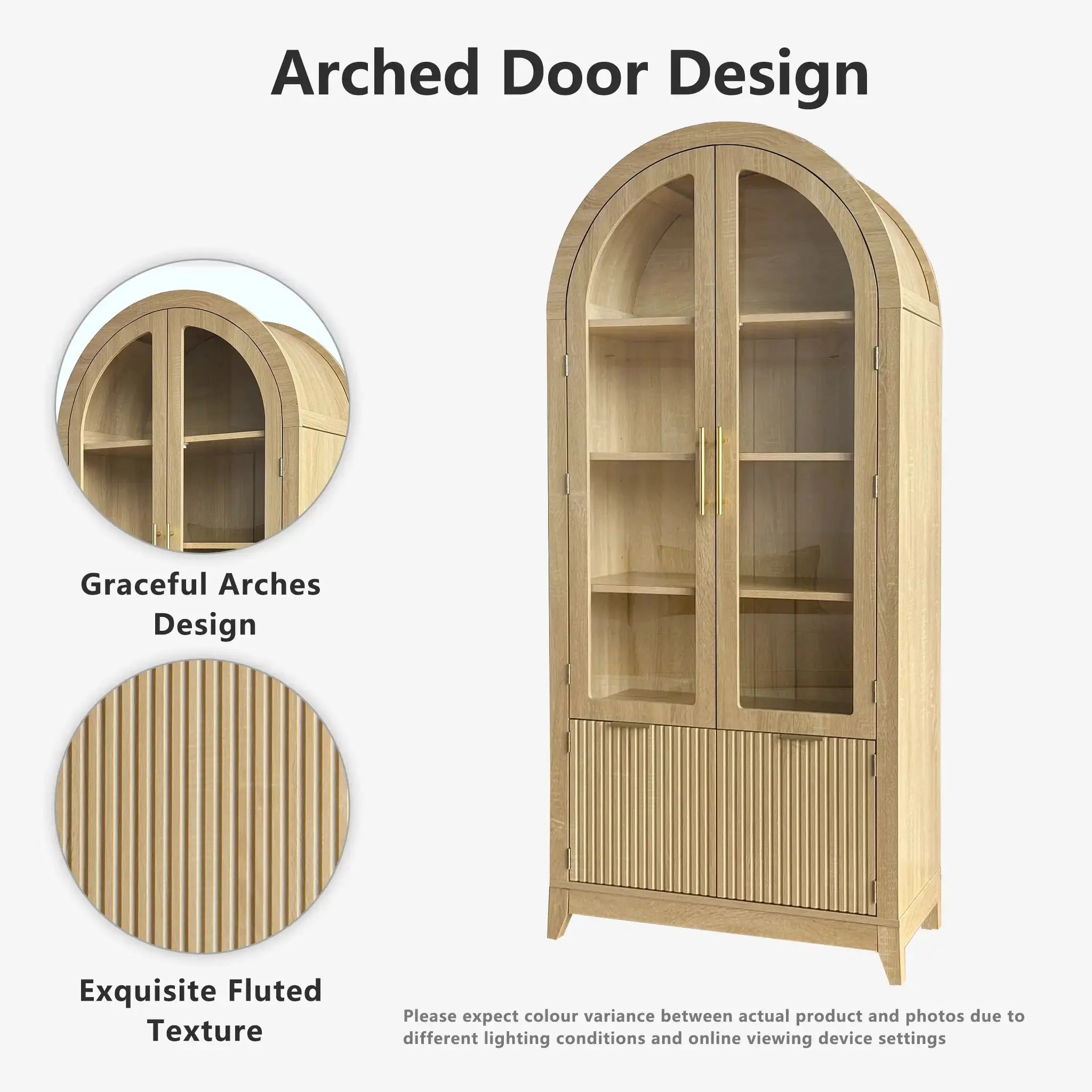  Arched Door Design of Win2Win Tall Arched Cabinet with Glass Doors, Oak Storage Cabinet with Fluted Doors, featuring graceful arches and exquisite fluted texture