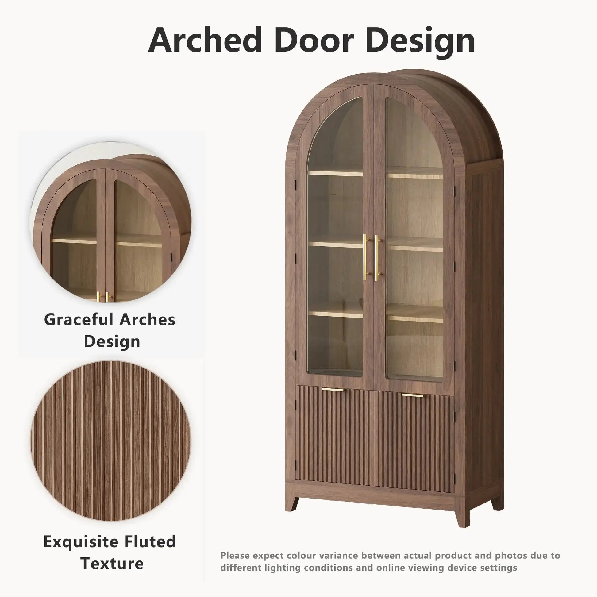 Arched Door Design of Win2Win Tall Arched Cabinet with Glass Doors, Walnut Storage Cabinet with Fluted Doors, highlighting graceful arches and exquisite fluted texture