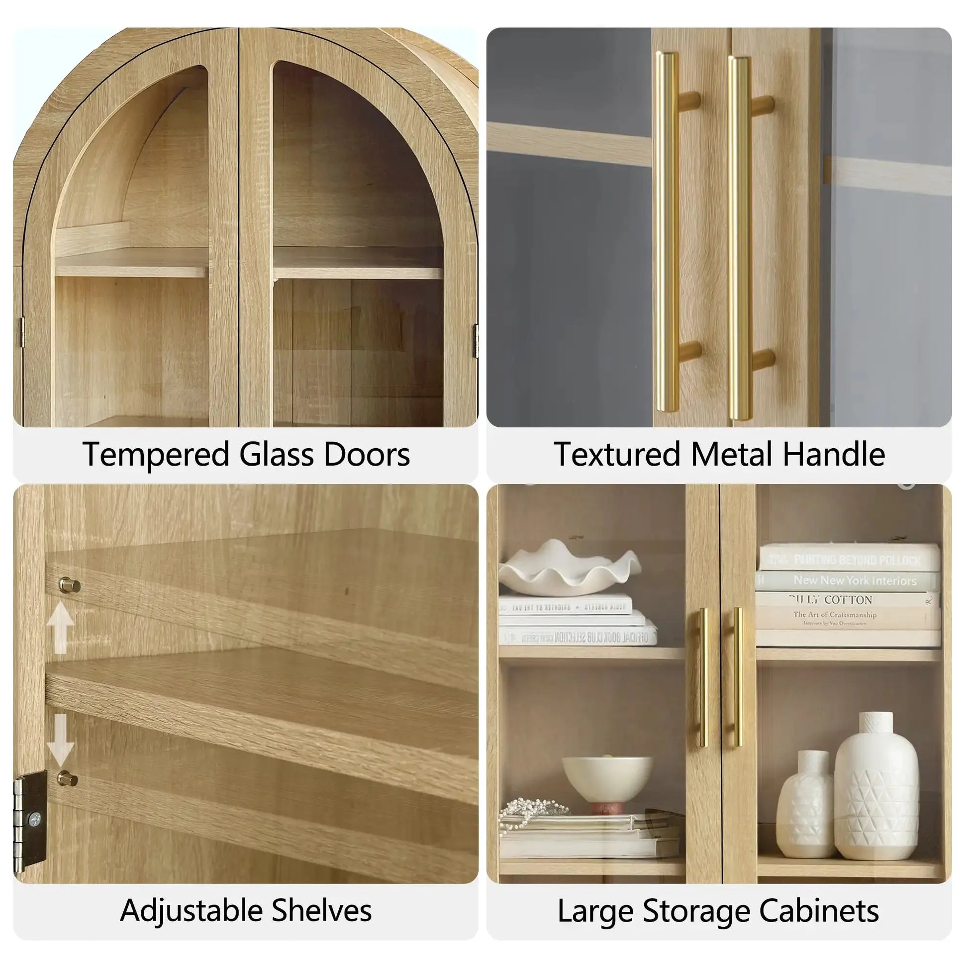 Close-up details of Win2Win Tall Arched Cabinet with Glass Doors, Oak Storage Cabinet with Fluted Doors, including tempered glass doors, textured metal handles, adjustable shelves, and spacious storage cabinets