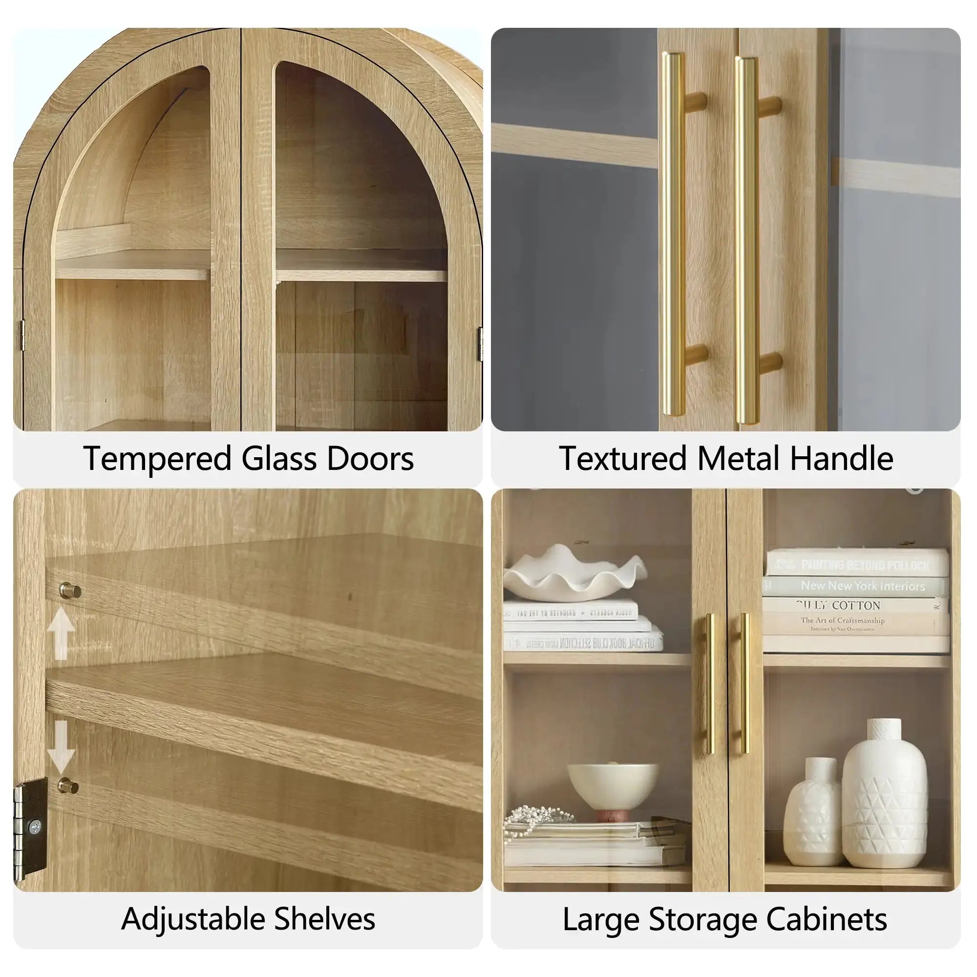 Close-up details of Win2Win Tall Arched Cabinet with Glass Doors, Oak Storage Cabinet with Fluted Doors, including tempered glass doors, textured metal handles, adjustable shelves, and spacious storage cabinets