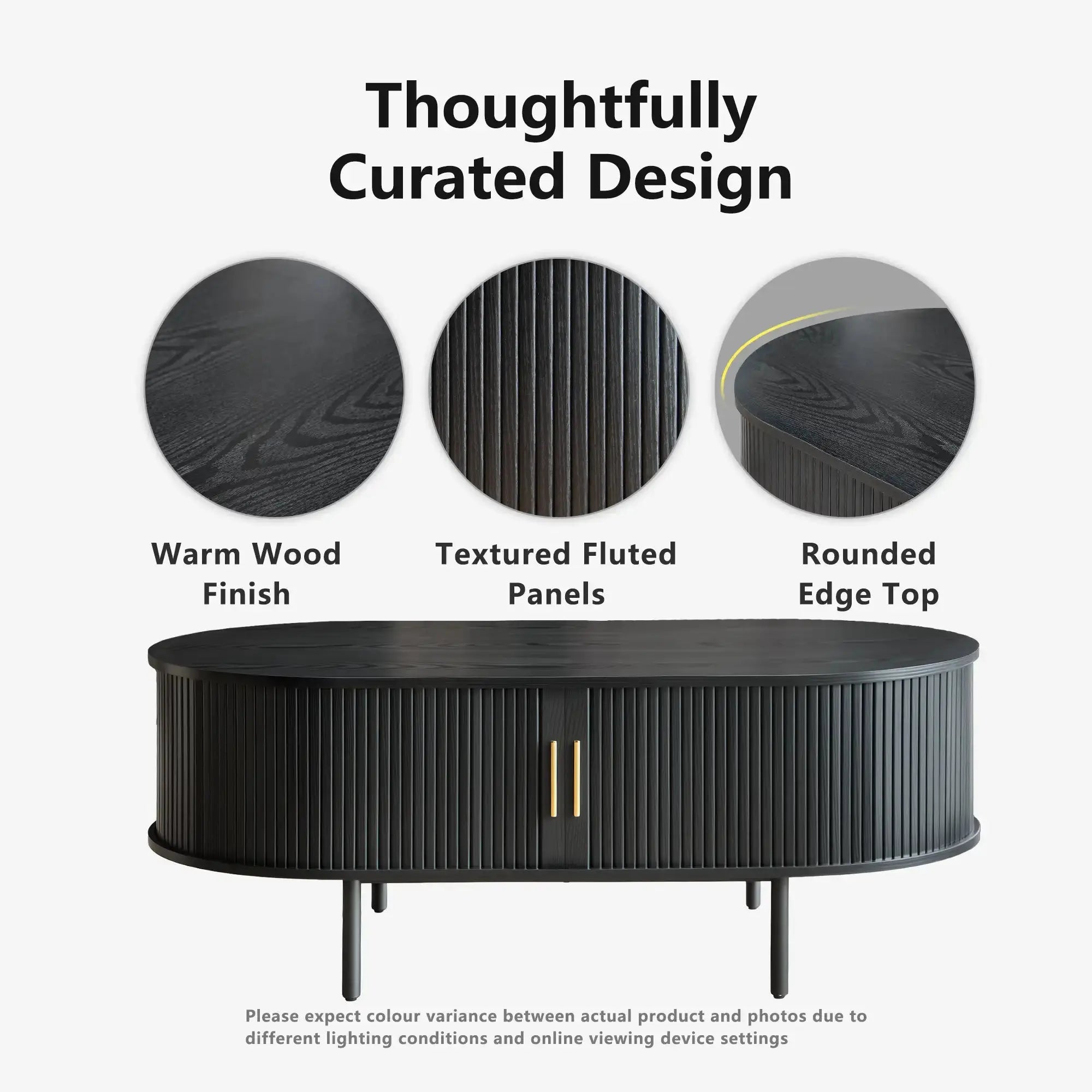 Win2Win Oval Coffee Table with Storage, Black Fluted Center Table win2win