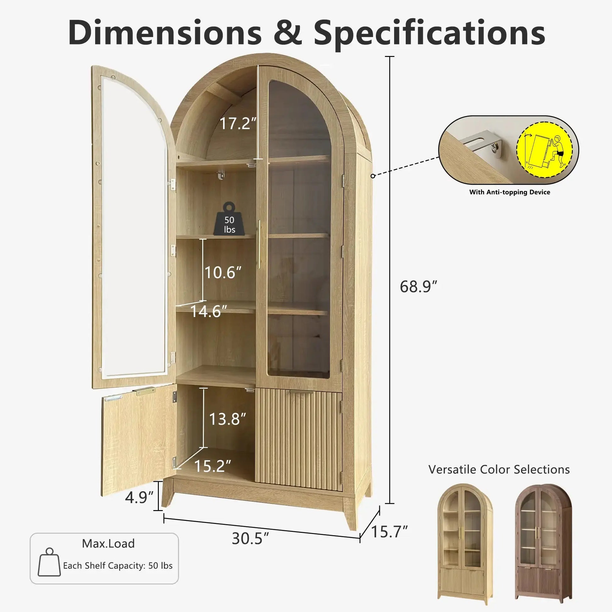 Dimensions & Specifications of Win2Win Tall Arched Cabinet with Glass Doors, Oak Storage Cabinet with Fluted Doors, including size, shelf capacity, and anti-topping device